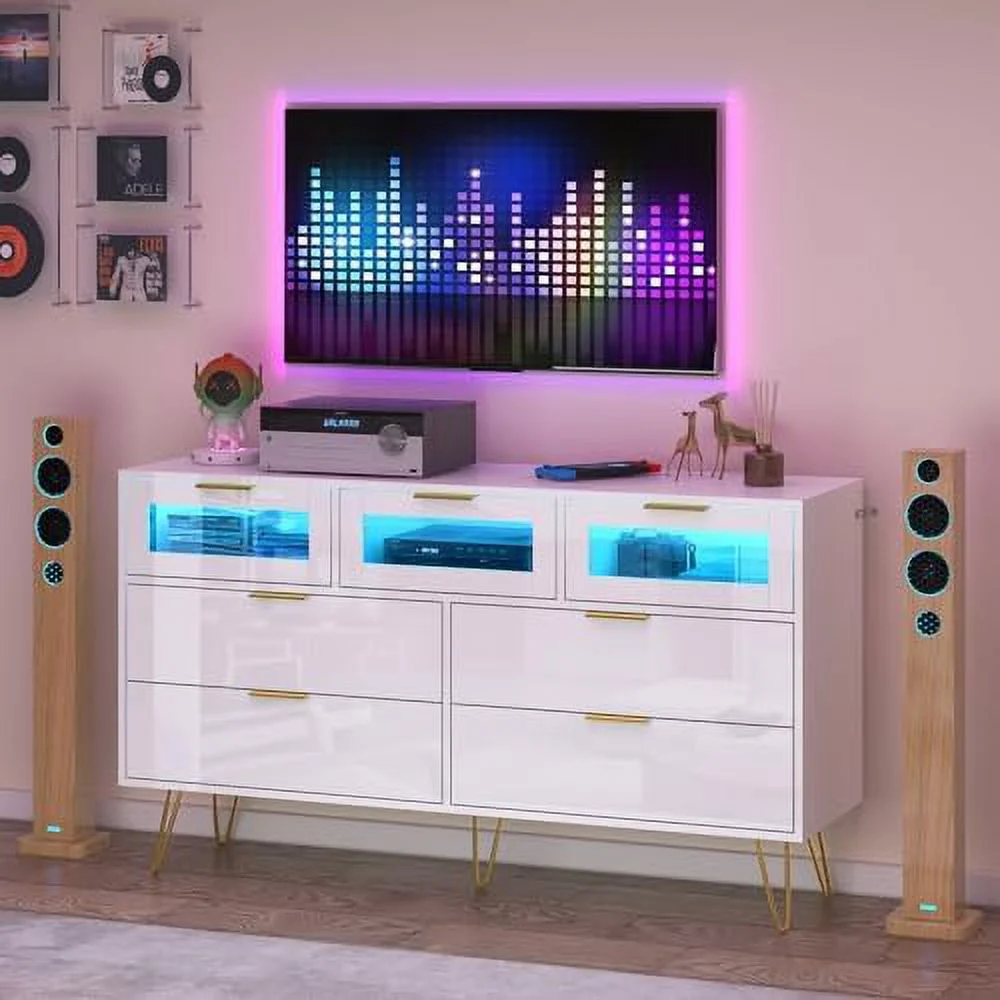 NLIBOOMLife Dresser with 7 Drawers  Chest of 7 Drawers with LED Lights  55" Long Dresser Modern White Dresser for Bedroom  Large Wood Dresser for Hallway  Entryway- High Gloss White &