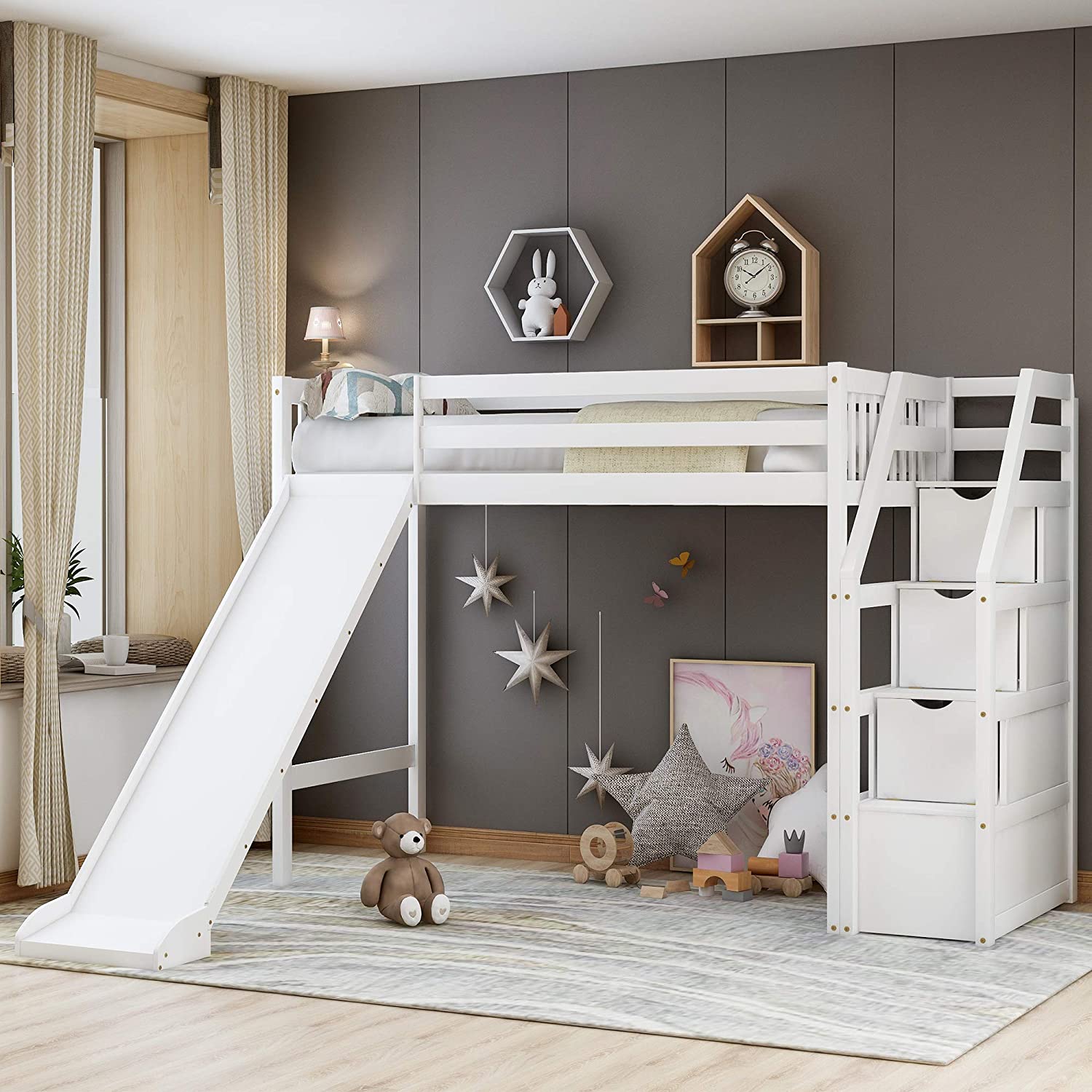 Loft Bed With Slide, Size Loft Bed With Storage, Wood Loft Bed Frame For Bedroom, Home Furniture, Espresso