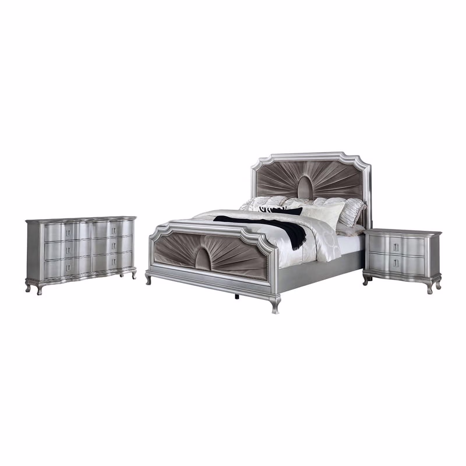 FOA Pappa Glam 3-Piece Silver Wood Bedroom Set - Cal King + Nightstand + Dresser