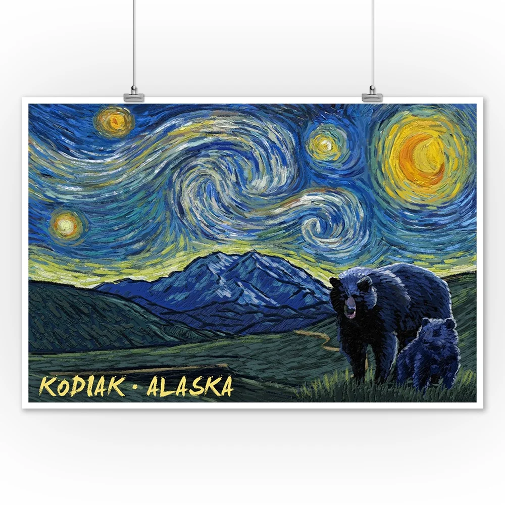 Kodiak, Alaska, Starry Night, Grizzly Bear and Cub (12x18 Wall Art Poster, Room Decor)