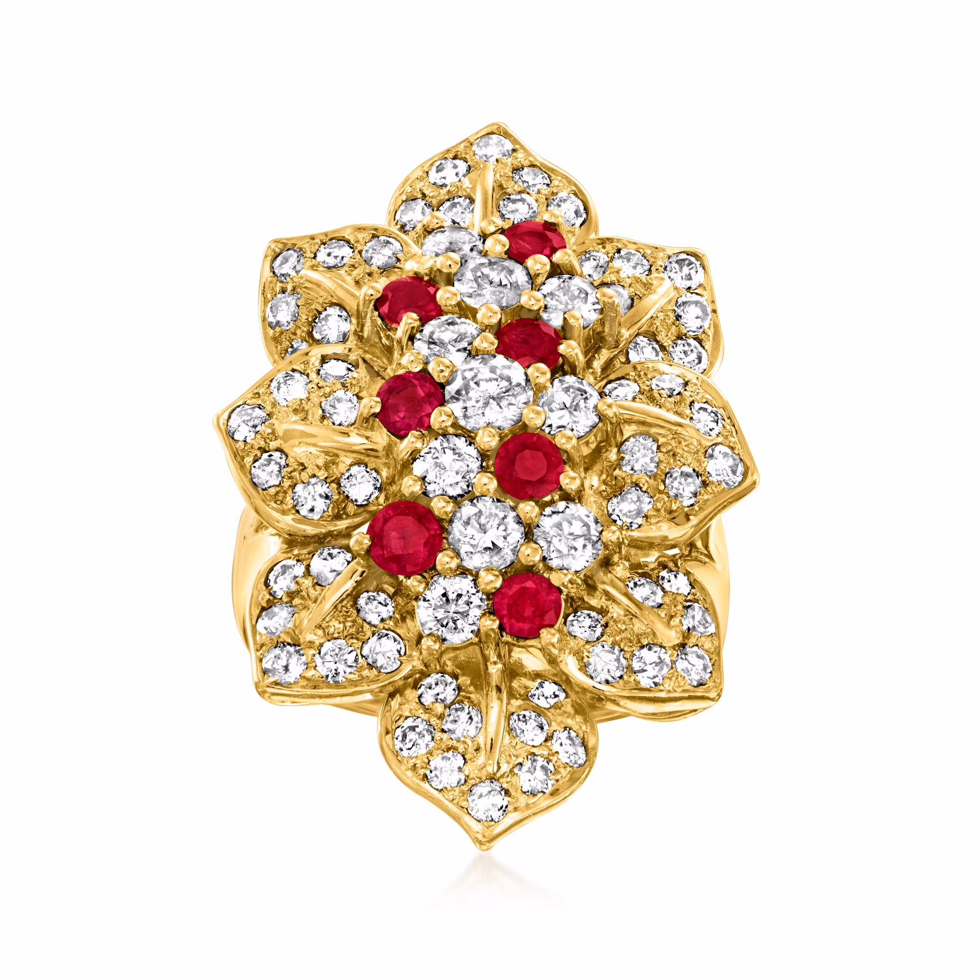 Ross-Simons C. 1990 Vintage 2.00 ct. t.w. Diamond and .98 ct. t.w. Ruby Flower Cluster Ring in 18kt Yellow Gold, Women's, Adult, Pre-Owned