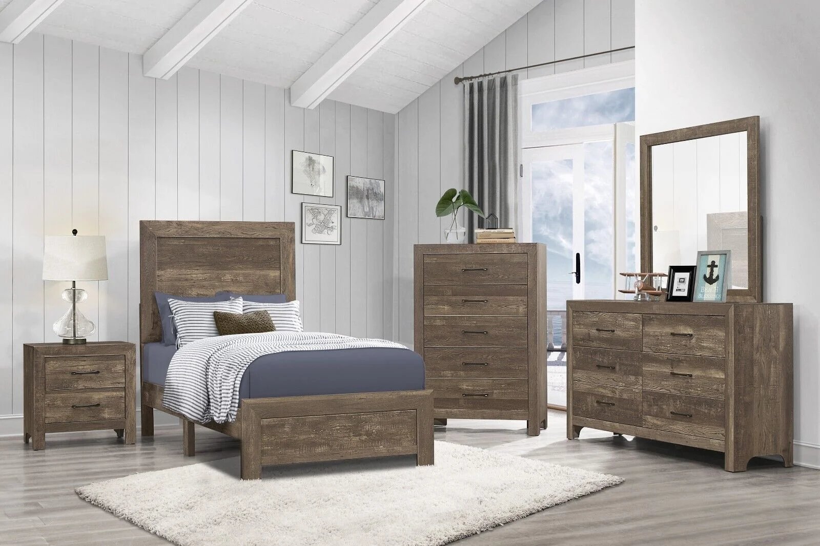 Contemporary Rustic Brown Finish 5 Piece Bedroom Set Twin Bed Nightstand Dresser Mirror Chest Simple Design