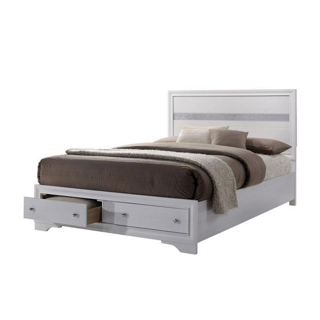 Panel Design Queen Size Bed with Silver Accents & Bracket Feet - White