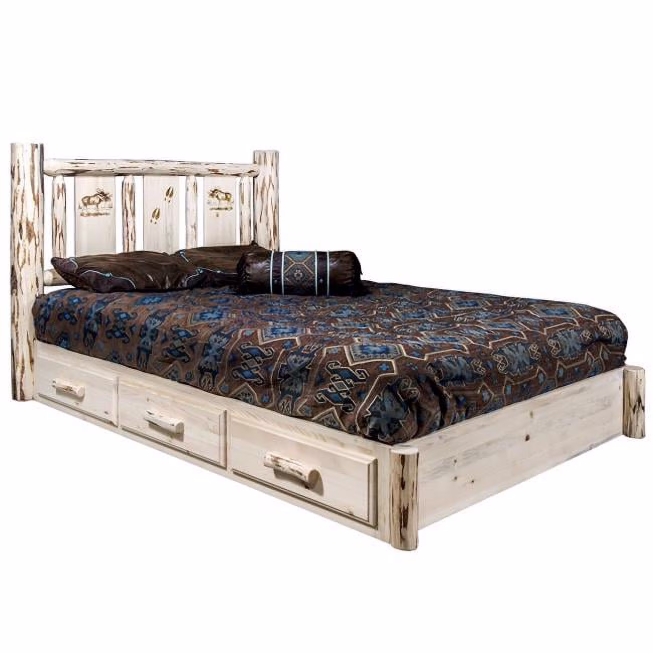 Montana Woodworks  Montana Platform Bed with Storage, California King with Laser Engraved Moose Design, Clear Lacquer