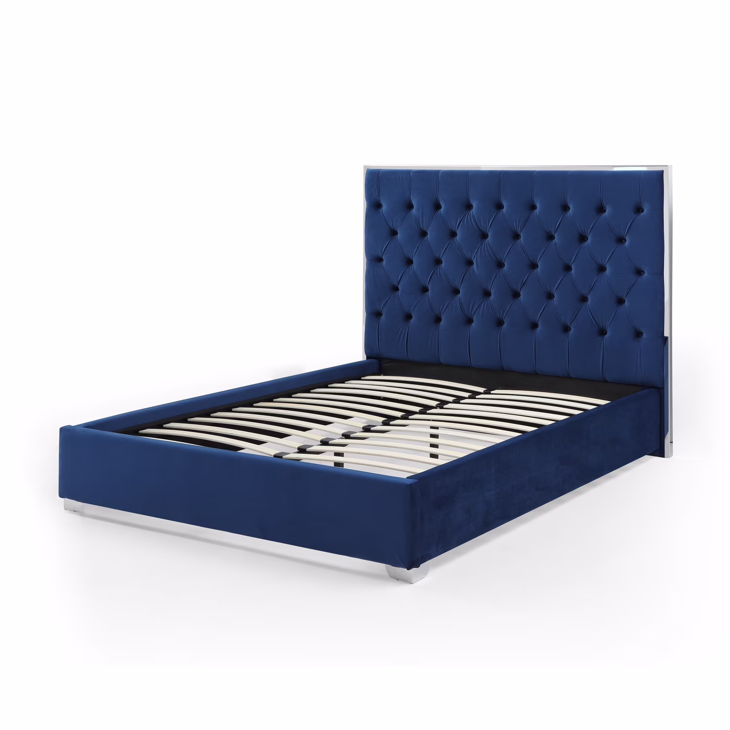 Better Home Products Sophia Velvet King Bed with Silver Metal Frame in Blue