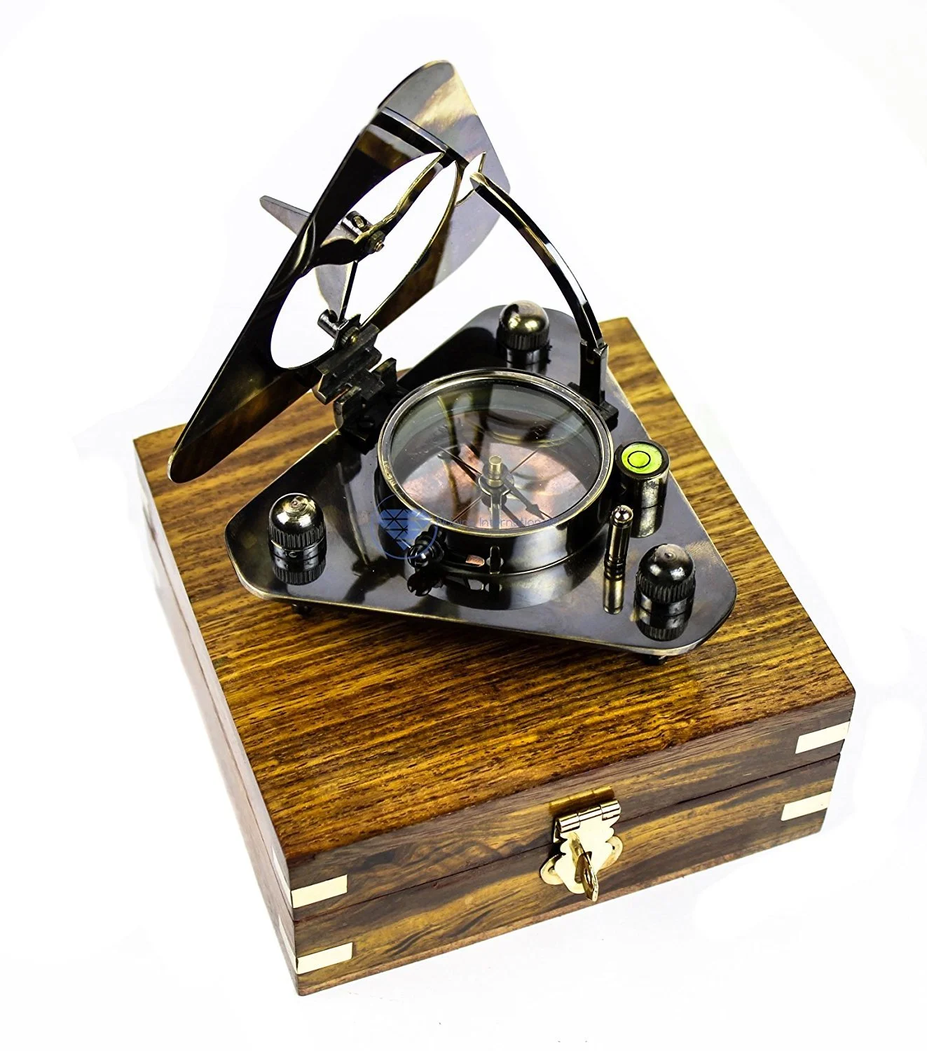 Triangular Sundial Compass (Antique Brass Finish) - With Wooden Box