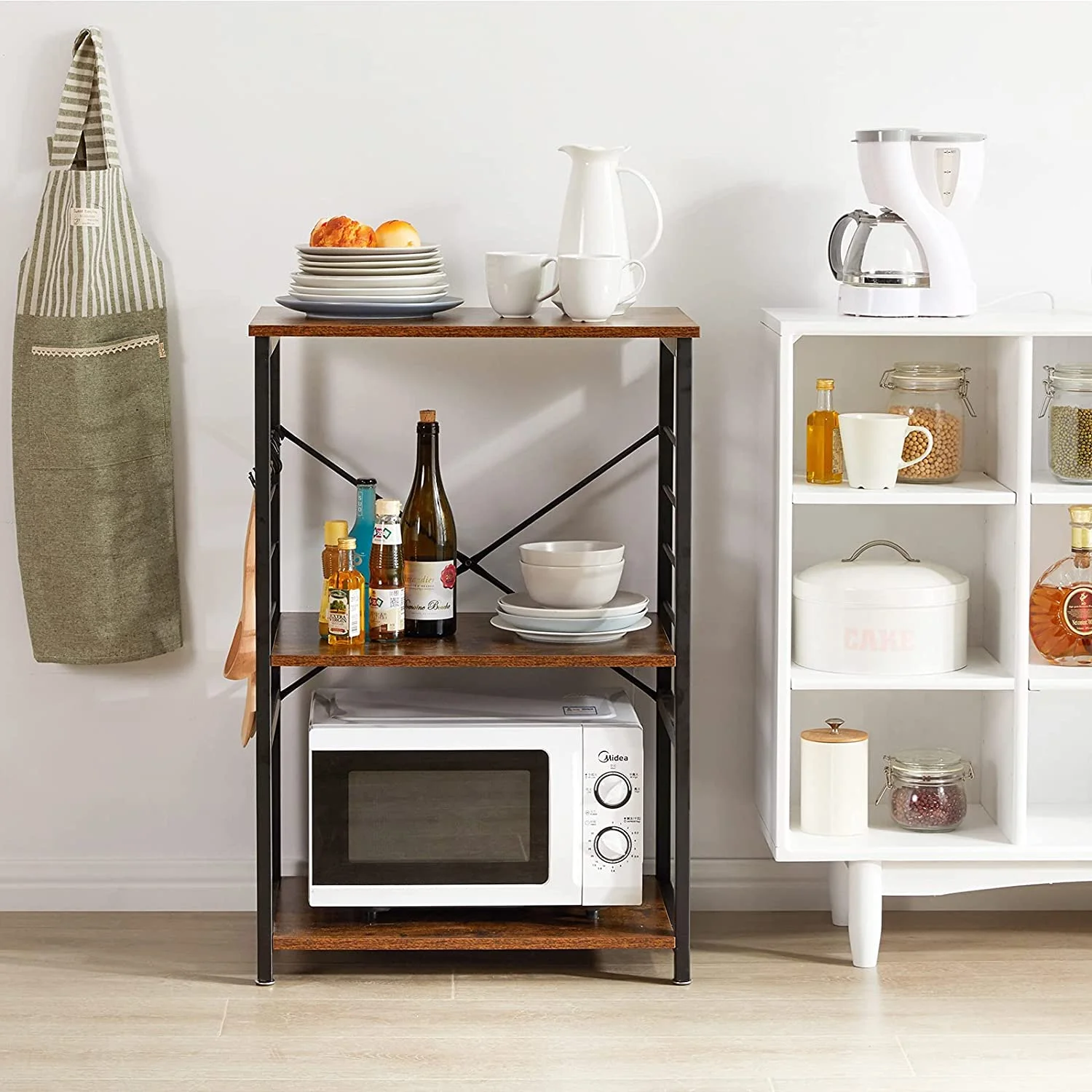 OUWI Standing Baker's Racks, 3-Tier Kitchen Microwave Oven Stand with Metal Frame and 6 Hooks, Multifunctional Coffee Bar Table for Living Room, Panel Height Adjustable, Rustic Brown, UHTMJ022H