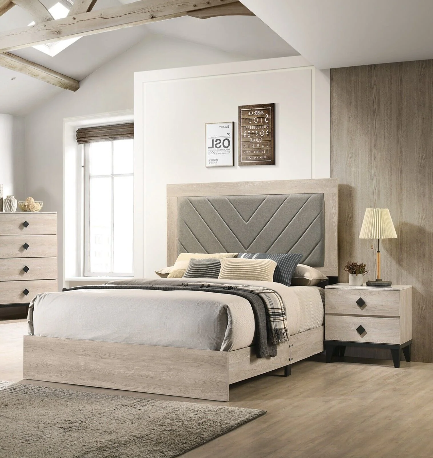 Queen Size Bed And 2x Nightstands Cream Finish Transitional Style Wooden Bedroom Tufted Headboard Bedframe 3pc Furniture Set