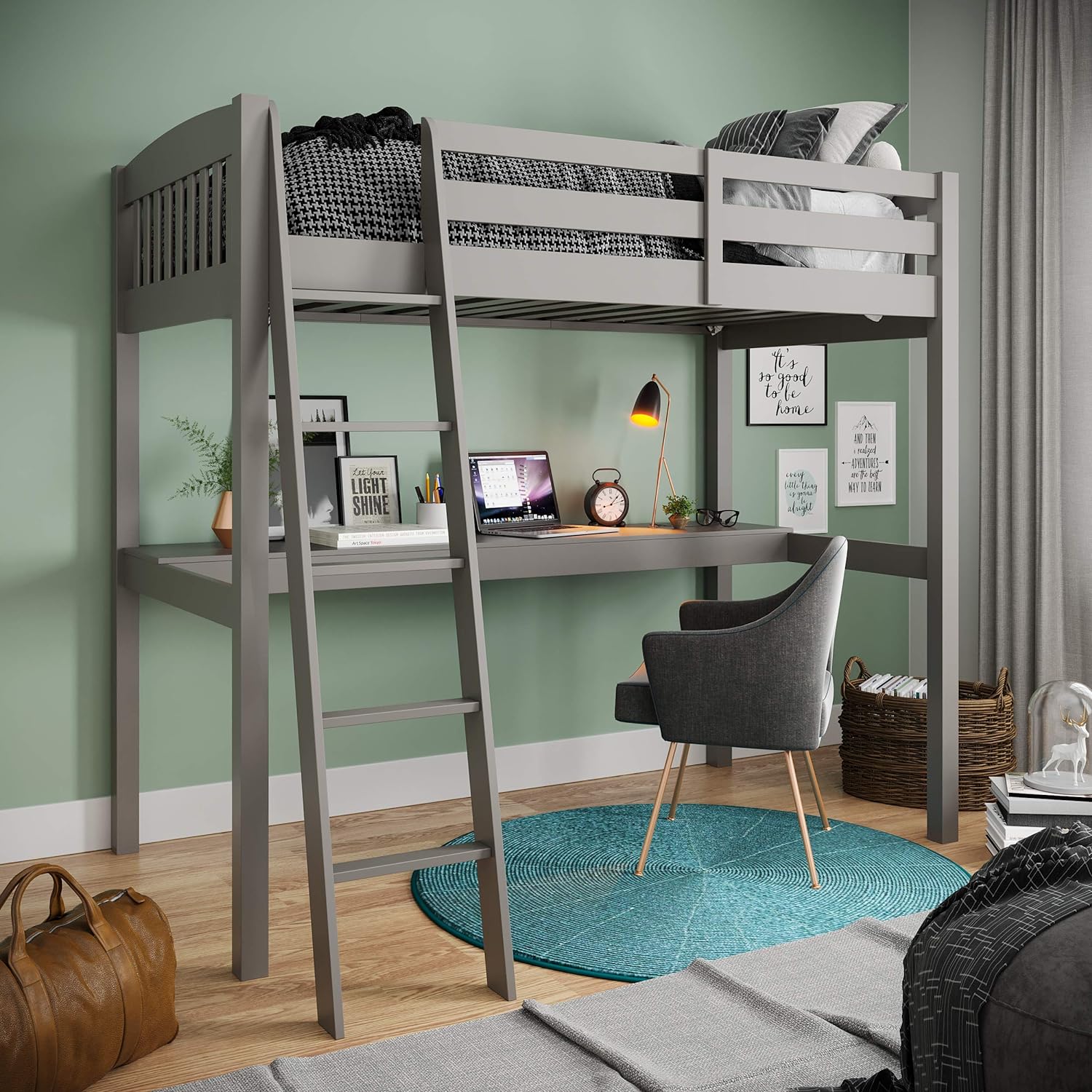 High Loft Bed With Desk, Wooden Loft Bed With Security Guardrail, Slat Support And Angled Ladder, Size Loft Bed For Kids, Teens, Adults Boys & Girls (, Gray)