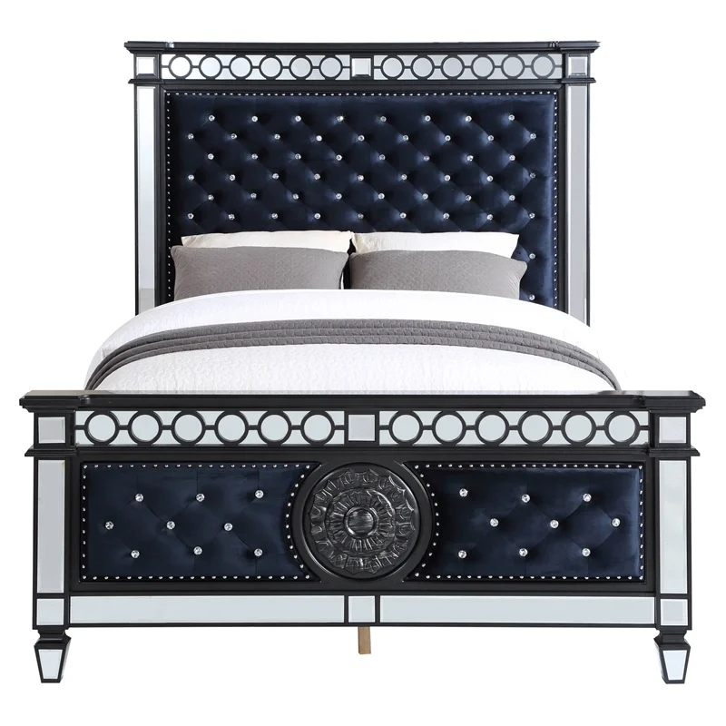 Bowery Hill Traditional Queen Bed in Dark Navy Velvet and Black and Silver