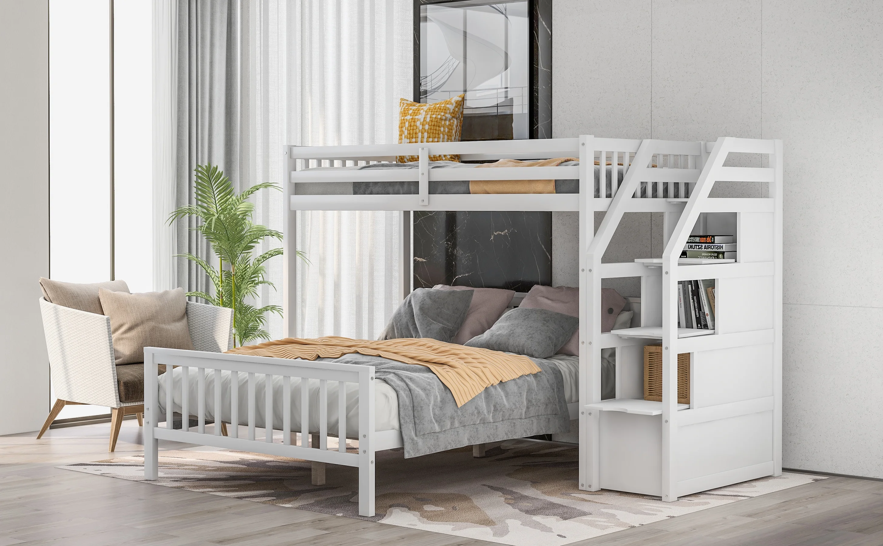 Dcenta Twin over Full Loft Bed with Staircase,White