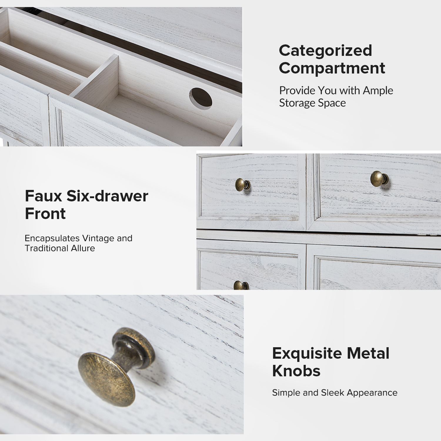 Sturdy Dresser Chest 6 Drawers Storage Built-in Power Outlets Strip USB Handles Entryway White