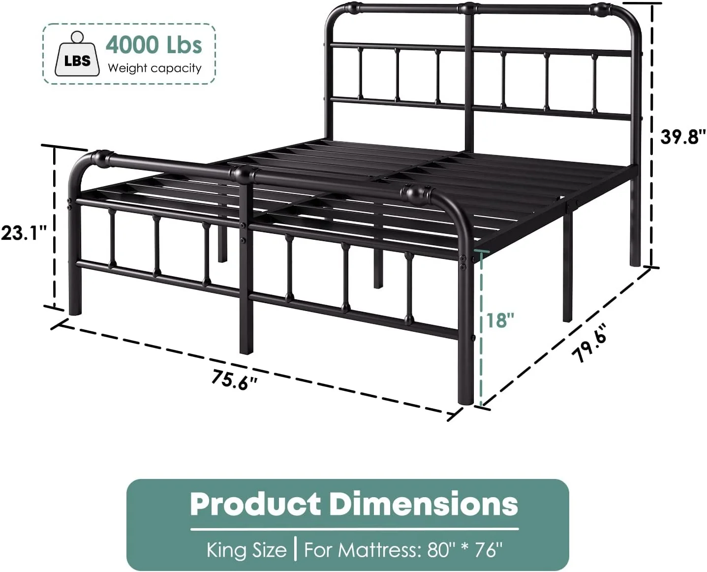 King-Bed-Frame-with-Headboard and Footboard  18 Inch Metal Platform King-Size-Bed-Frame  Premium Steel Heavy Duty Bed Frame King No Box Spring Needed  Easy Assembly  Black