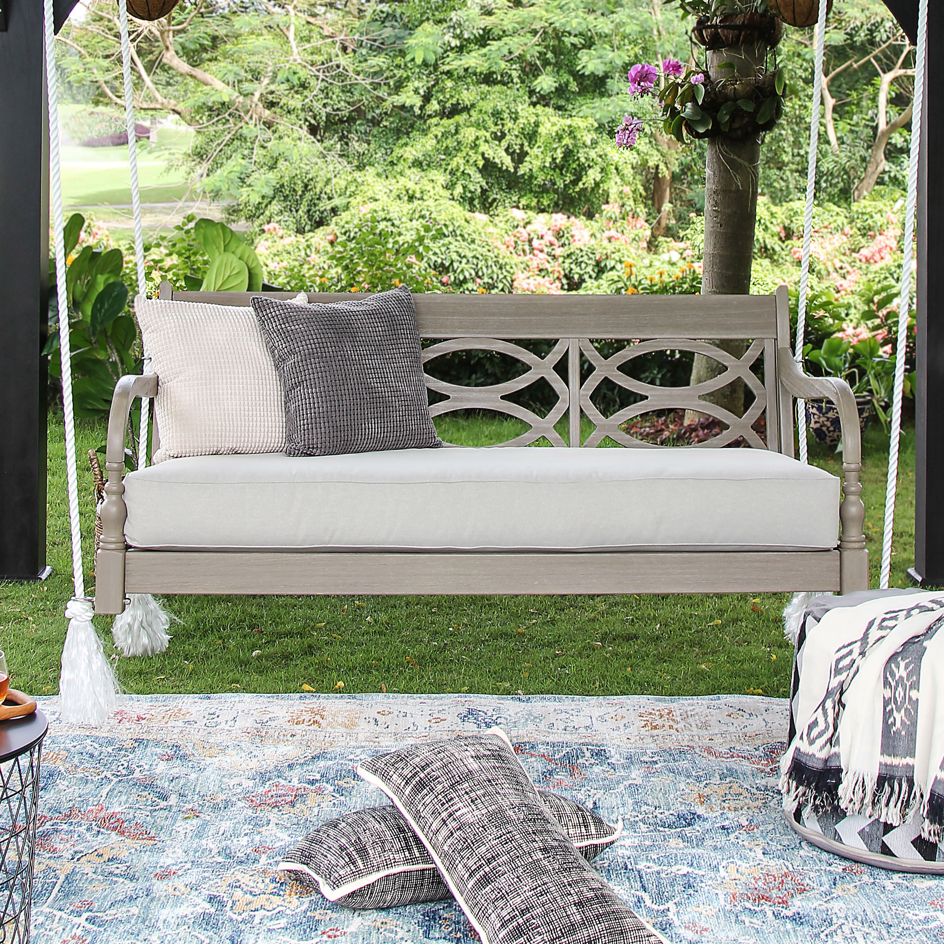 Cambridge Casual  Renley Wood Outdoor Swing Daybed with Cushion Lime Wash/Oyster Cushion