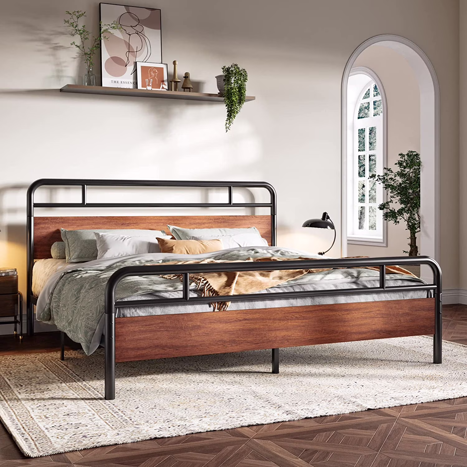 Size Metal Bed Frame with Curved Wooden Headboard and Footboard  Mattress Foundation Platform Bed Frame with Under Bed Storage  No Box Spring Needed  Modern  Walnut