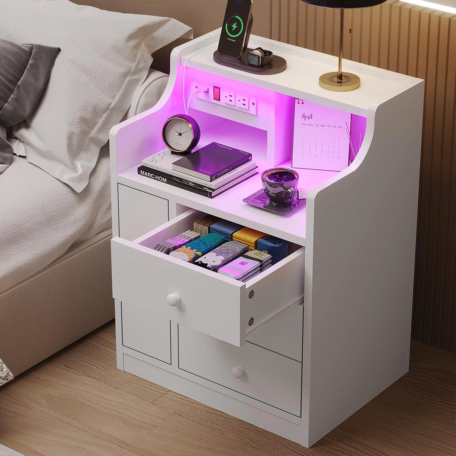 ADORNEVE Nightstand Set of 2 with Charging Station and LED Lights, Modern Bedside Table with Sliding Drawer, White