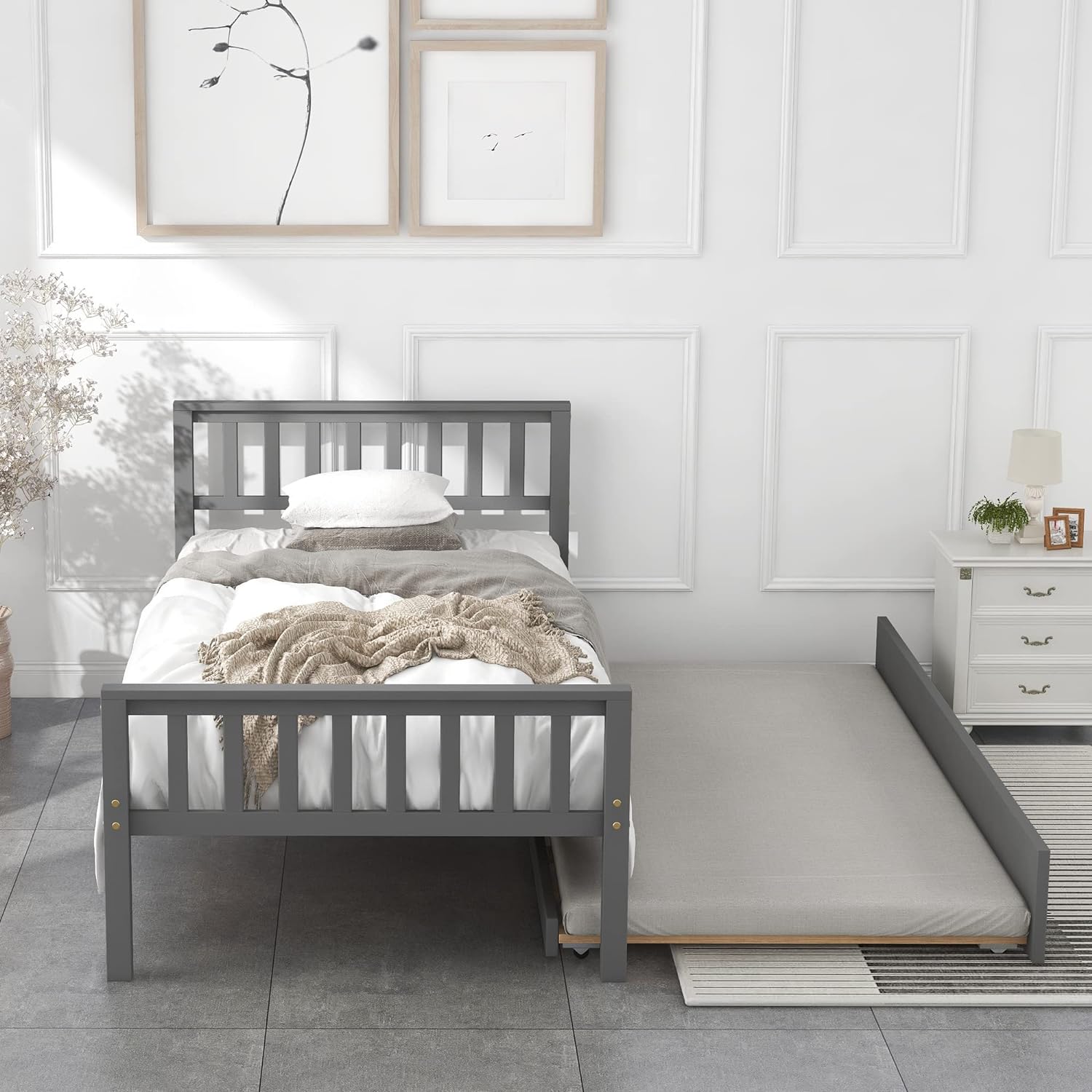 Size Platform Bed With Trundle, Solid Wood Bed Frame With Headboard And Footboard, Pull Out Trundle Bed With Slat Support For Bedroom Small Living Space (Grey)
