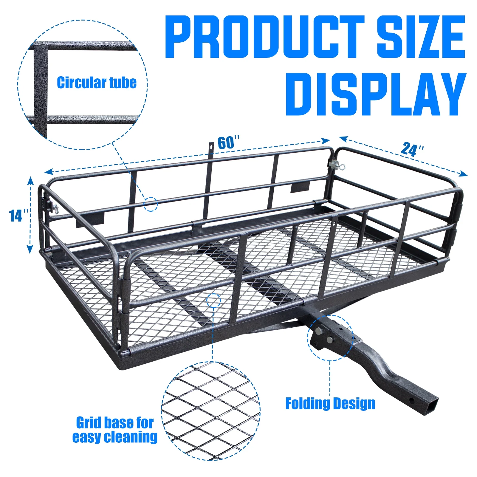 LWTURMRT Universal Foldable Hitch Cargo Carrier Basket 58X23X14in 500 lbs Luggage Rack w/ 2