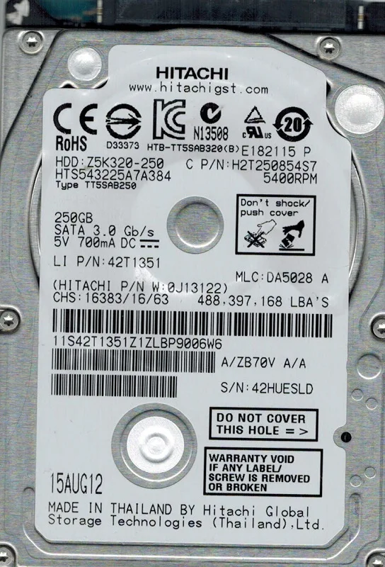 Hitachi HTS543225A7A384 P/N: 0J13122 MLC: DA5028 250GB