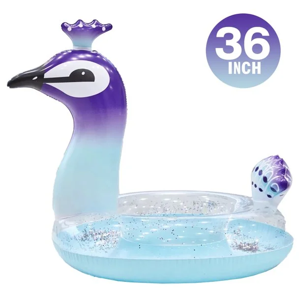 Lilypo 36 Inches Peacock Inflatable Pool Float Glitter PVC Tube, Peacock Designed with Fast Valves Lounge Raft Decoration Toys Fun Beach Floaties for Kids