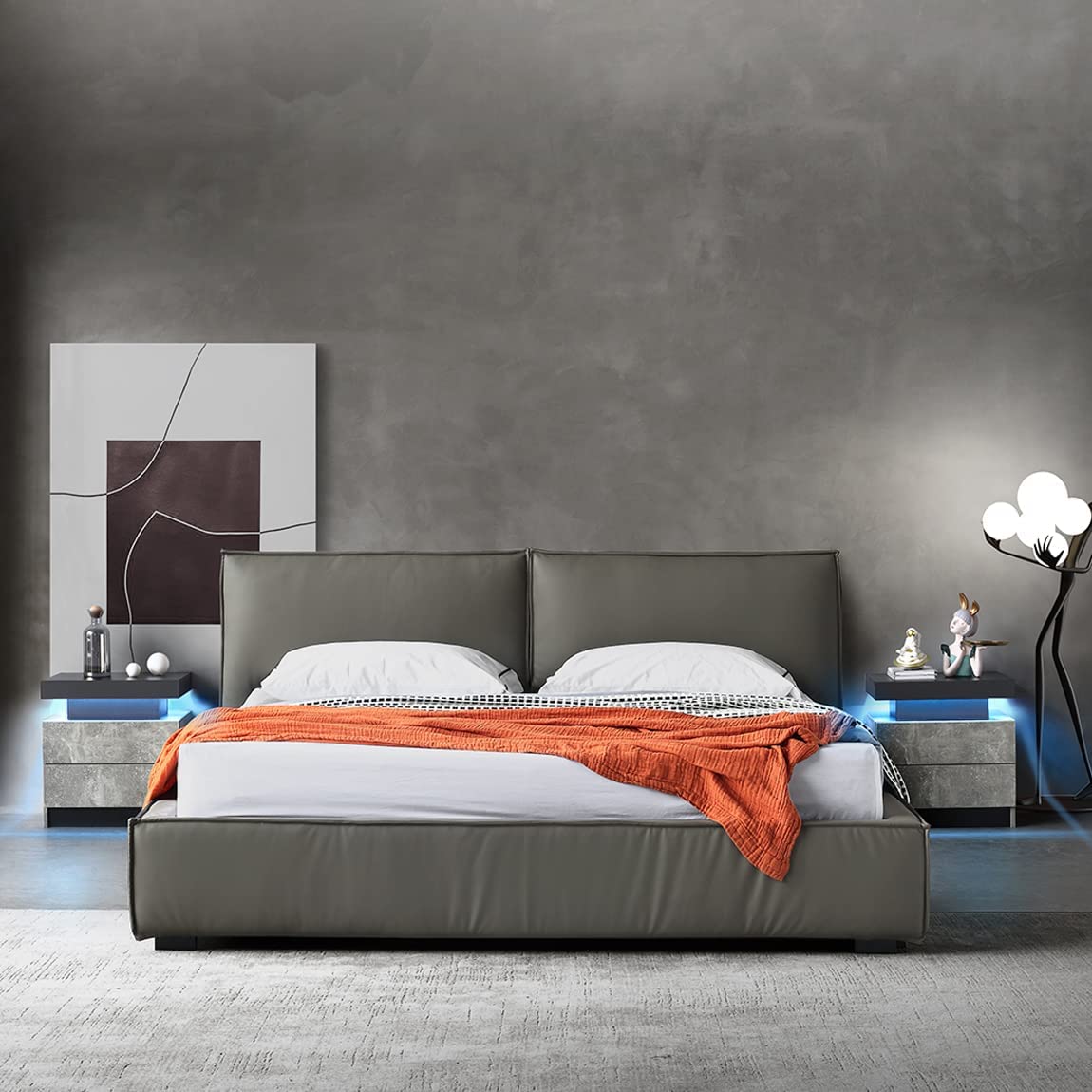 Popular Nightstand Set of 2 LED Nightstand with 2 Drawers  Bedside Table with Drawers for Bedroom Furniture  Side Bed Table with LED Light  Grey