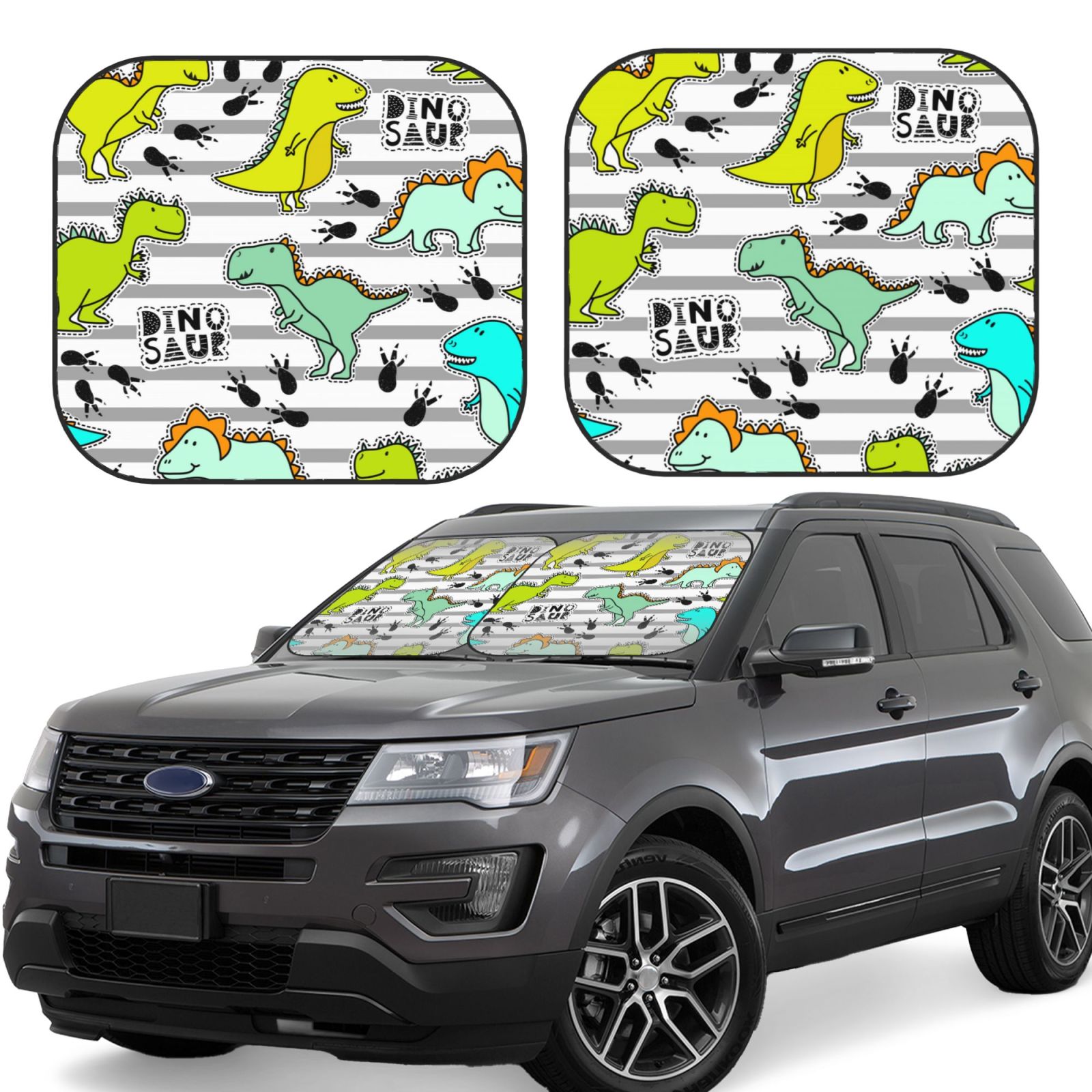 Lukts Funny Dinosaurs On Stripes Print 2 Piece Car Sun Shade Windshield,Foldable Car Shade Front Windshield With Keeps Your Vehicle Cool, For Most Sedans Suv And Trucks - Small