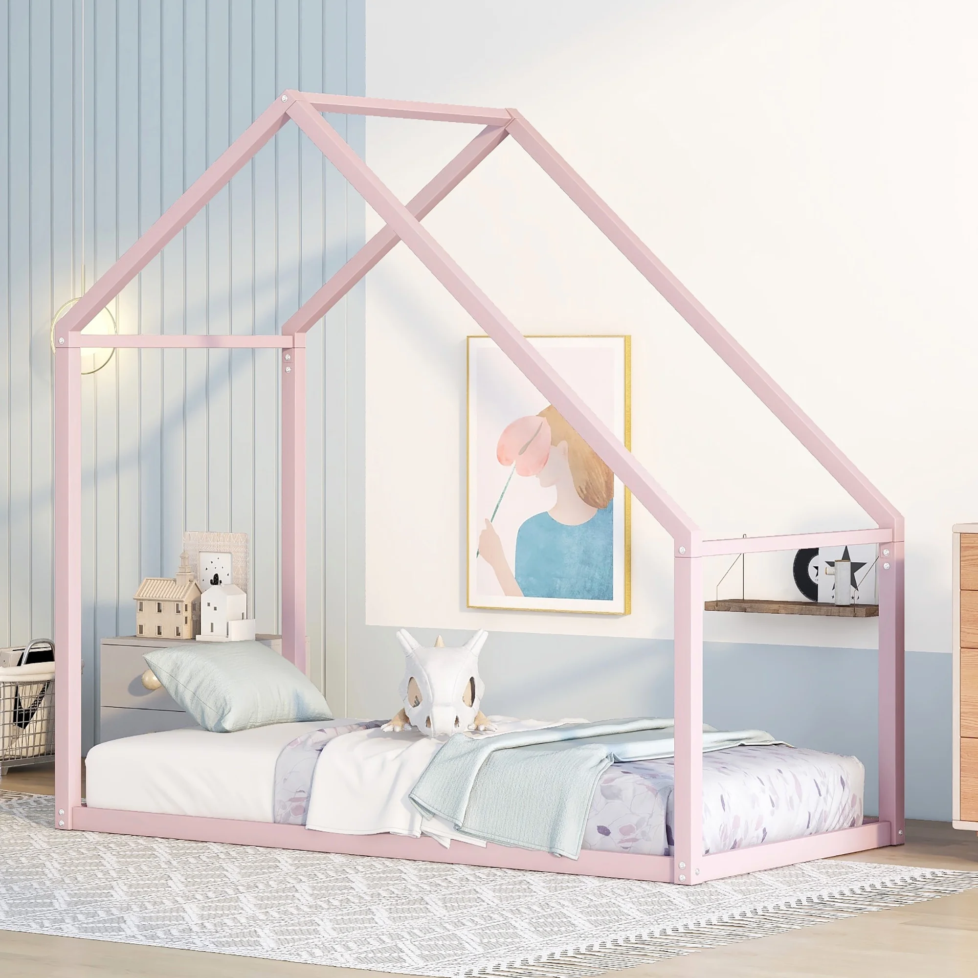 Dawn Whisper Twin Size Metal House Bed Kids Bed, Pink