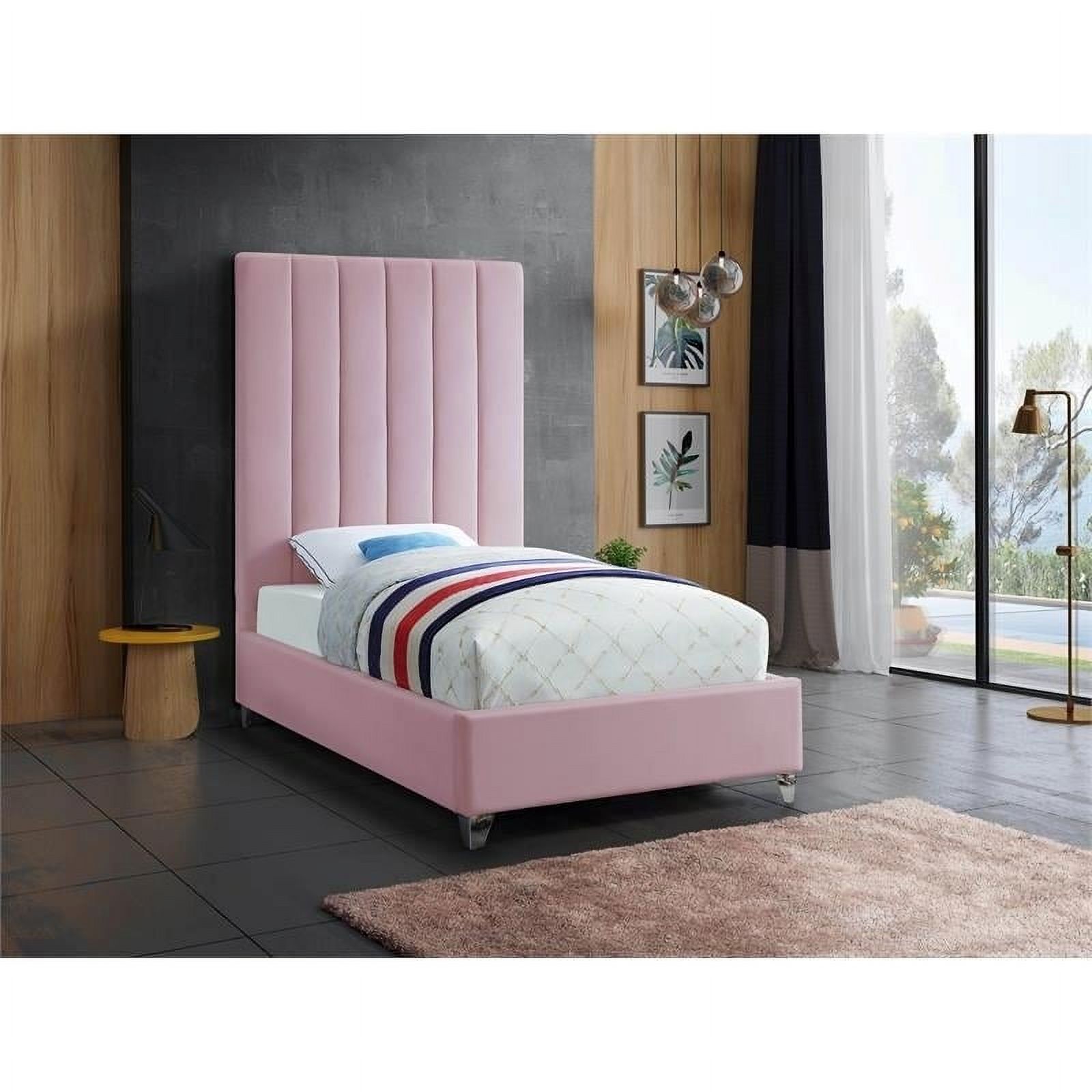 Maklaine Modern Rich Velvet Upholstered Twin Size Bed in Pink