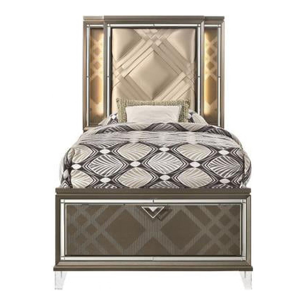 87 x 45 x 62 in. Skylar Bed with Storage - LED, PU & Dark Champagne - Twin Size