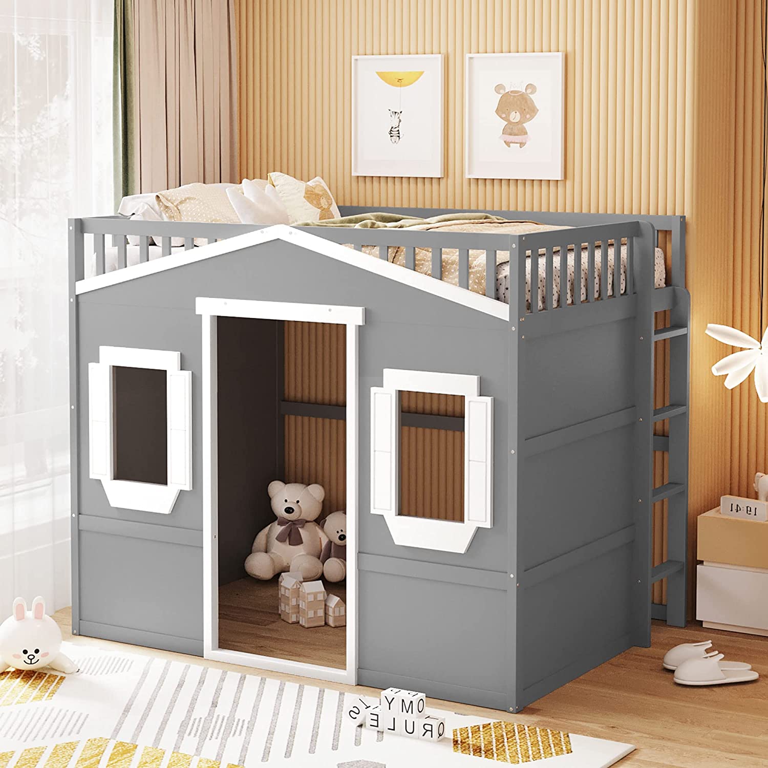 Full House Lof Bed Frame For Kids, Wood Full Lof Bed Wih Widows Ad Guardrail, Playhouse Bed, Full Size Lof Bed For Boys & Girls, o Box Sprig eeded, Uderbed Heigh Is 51 Iches, Gray+Whie
