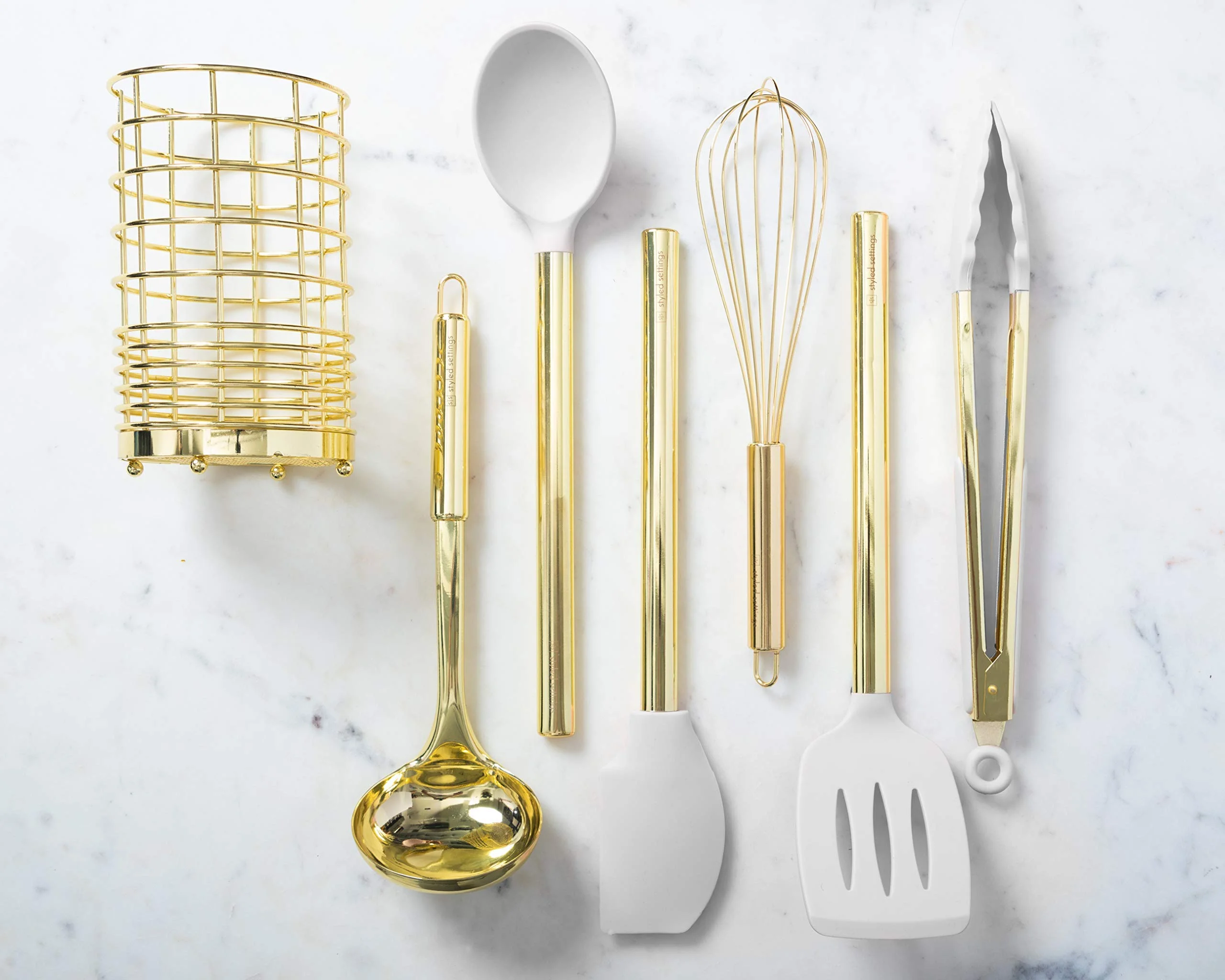 Styled Settings White  & Gold Silicone Cooking Utensils Set with Holder
