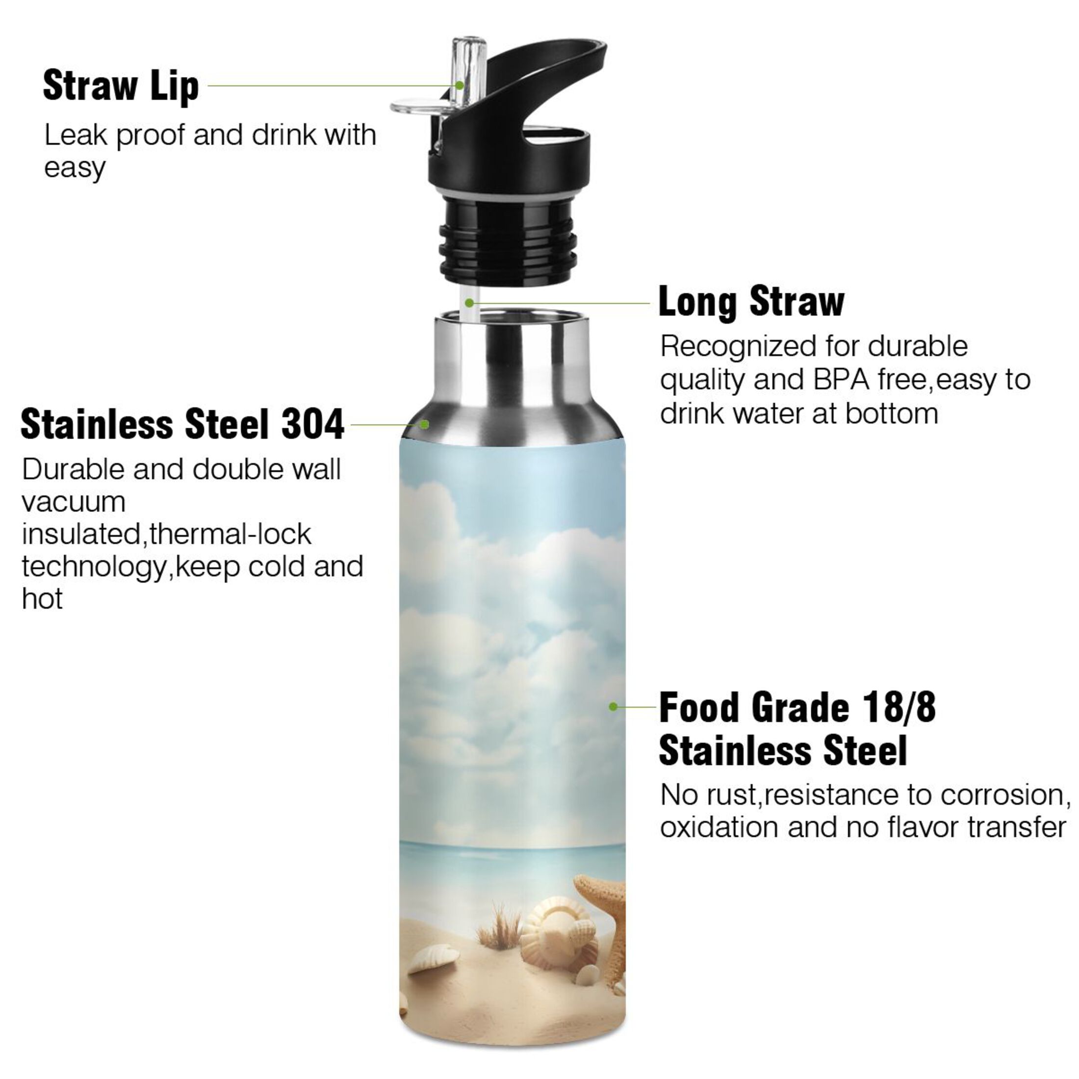 Seashells on Beach with Sky Water Bottles Insulated Thermos Kids Stainless Steel Bottle with Straw Lid Flask Leakproof for Sports Gym 20 oz