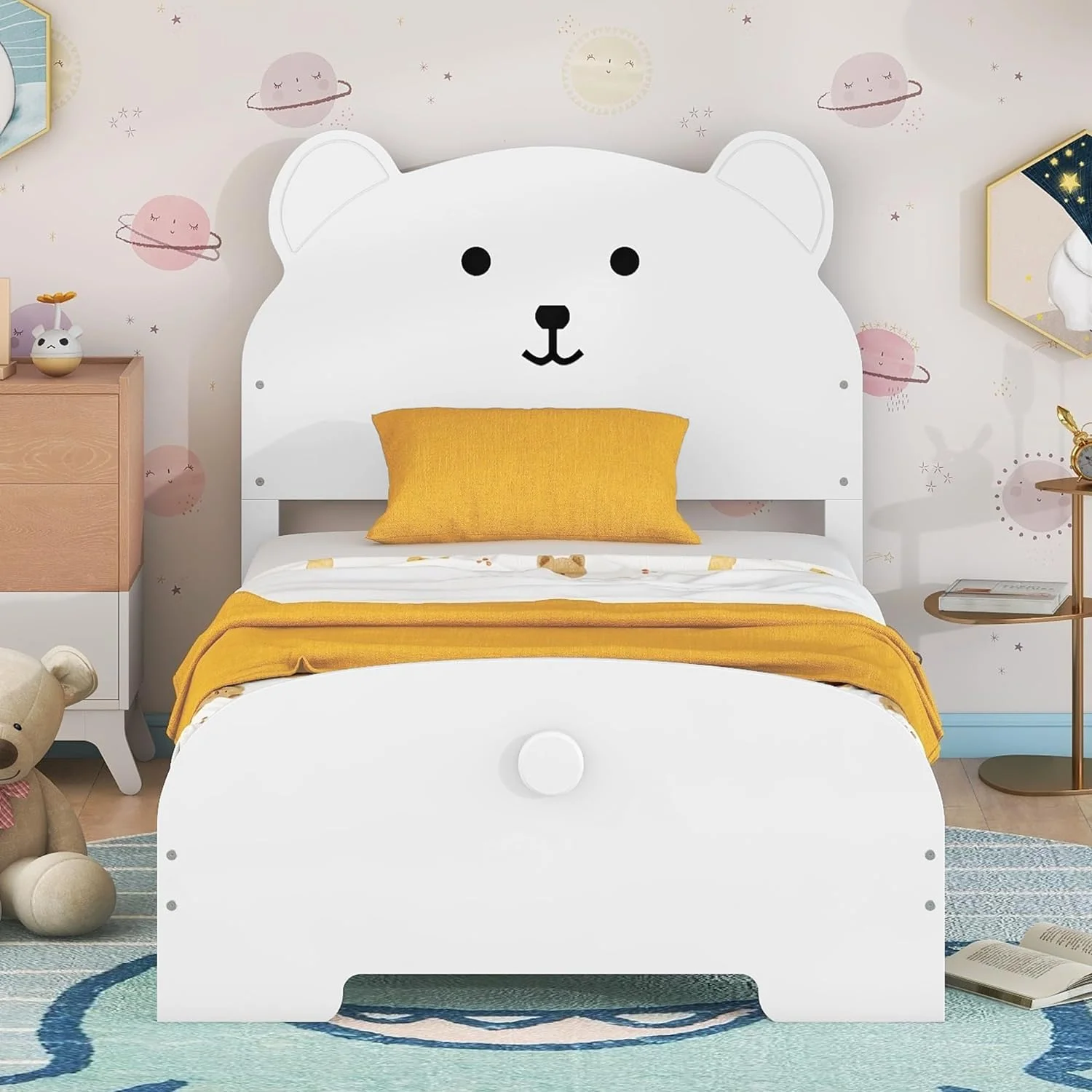 Size Bed Frame With Bear-Shaped Headboard And Footboard, Wood Platform Bed With Solid Wood Slats For Kids Teens, No Box Spring Needed (White)