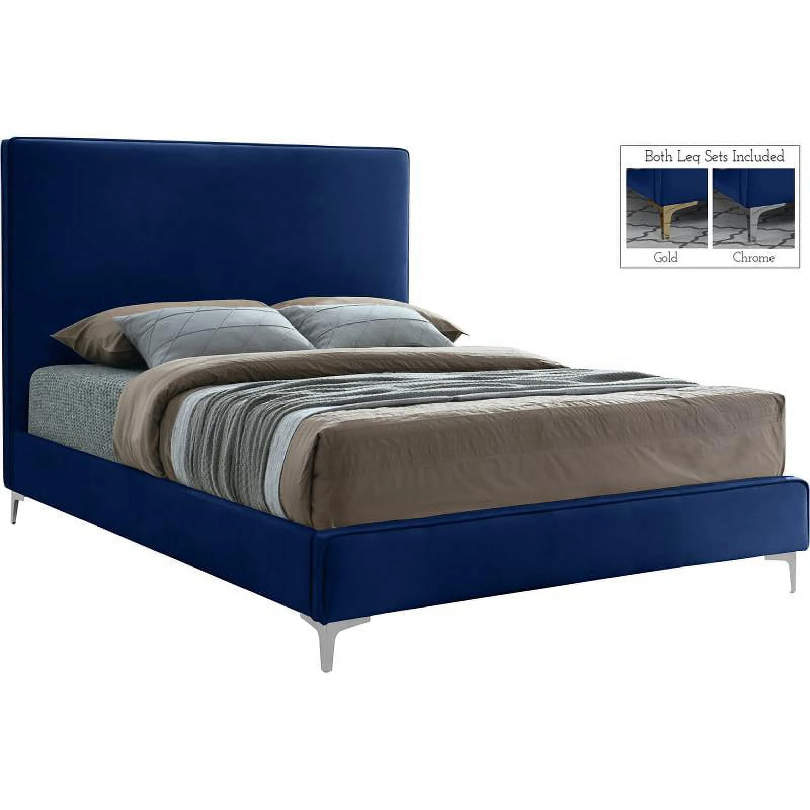 Meridian Furniture Geri Navy Velvet Full Bed with Gold and Chrome Legs Included