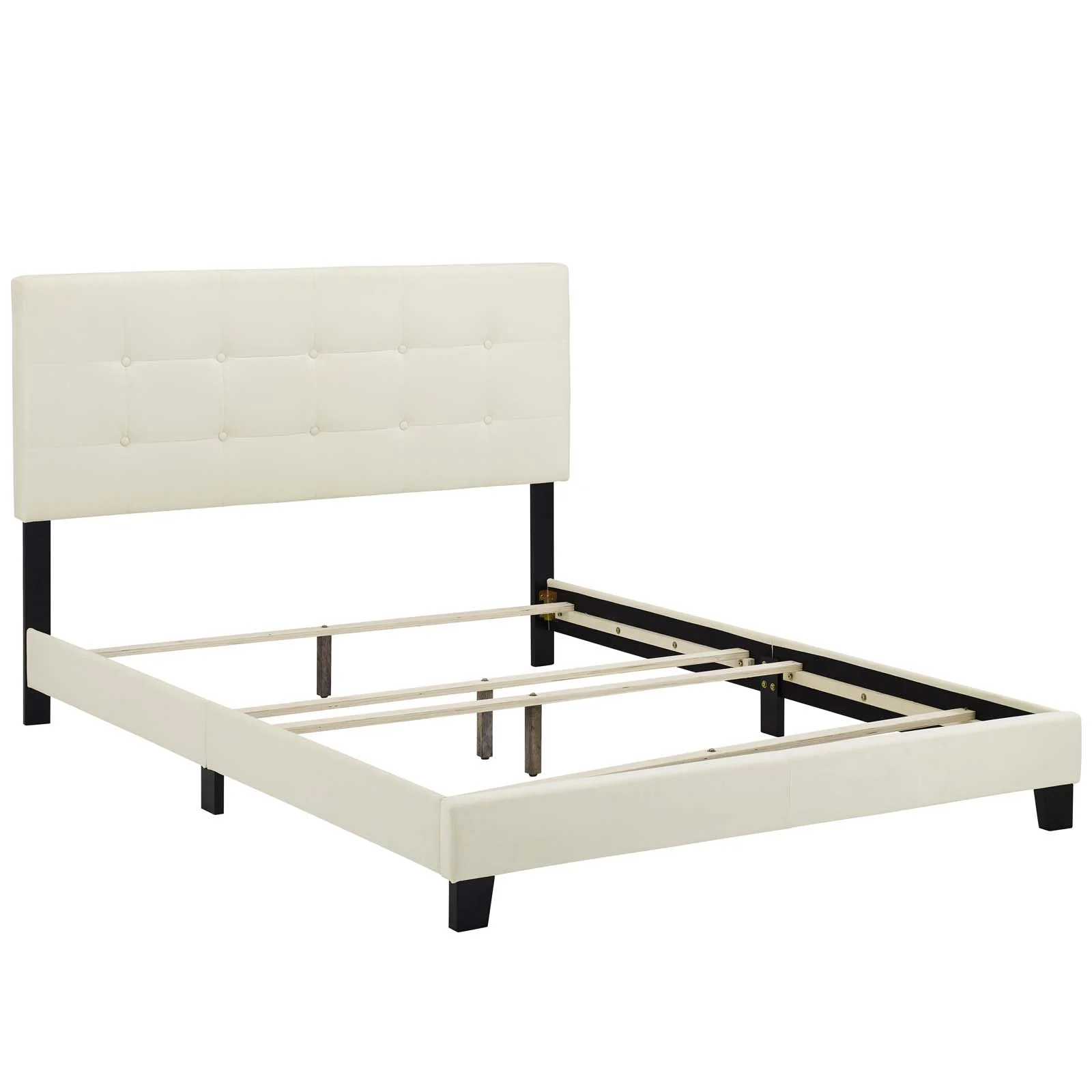 Modern Contemporary Urban Design Bedroom Full Size Platform Bed Frame, Velvet Fabric, Ivory White