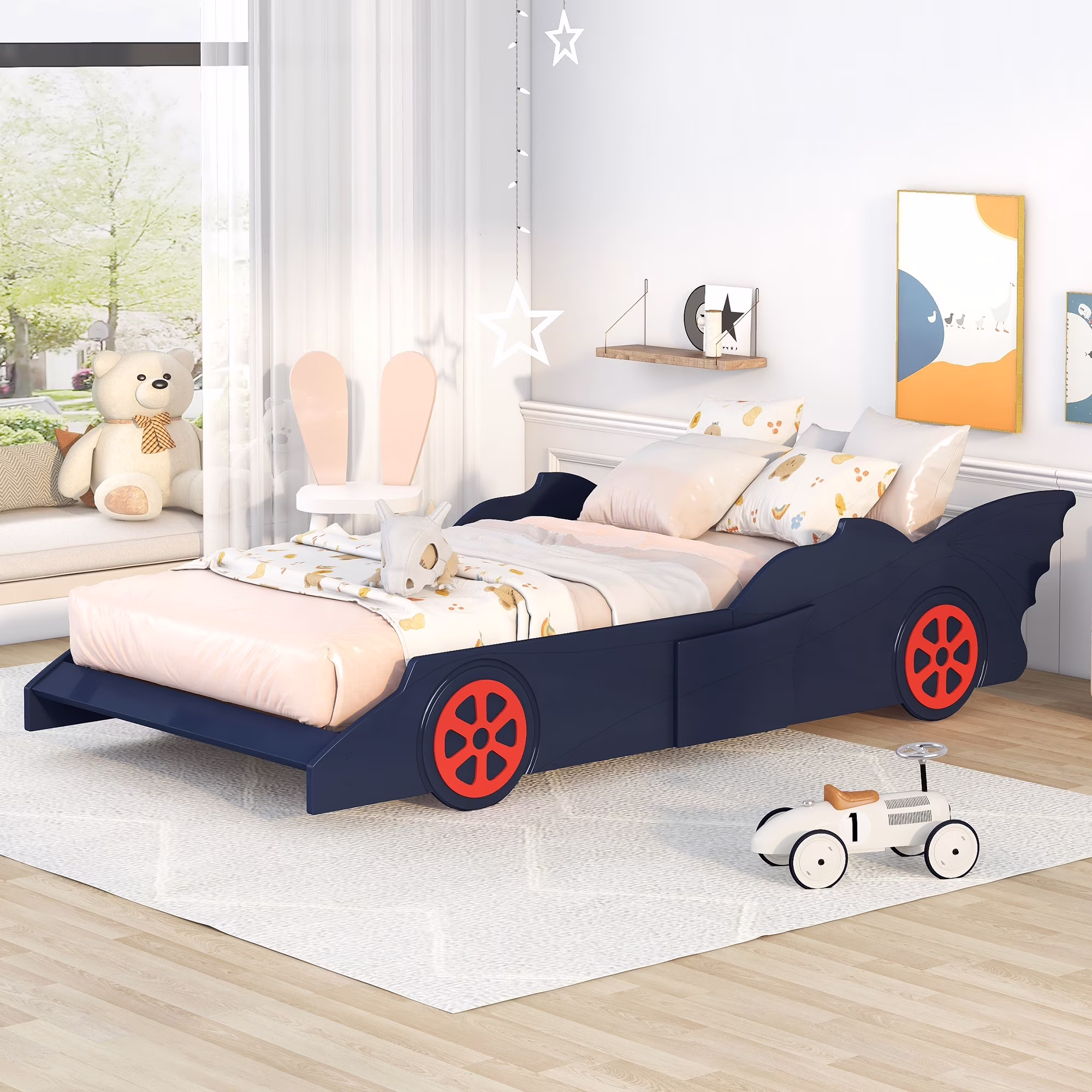 HSUNNS Twin Size Kids Bed for Boys Girls Toddlers, Wood Race Car-Shaped Platform Bed with 2 Sides Safety Rails and Wheels for Kids' Room Bedroom, Sofa Bed Floor Bed, Black and Red