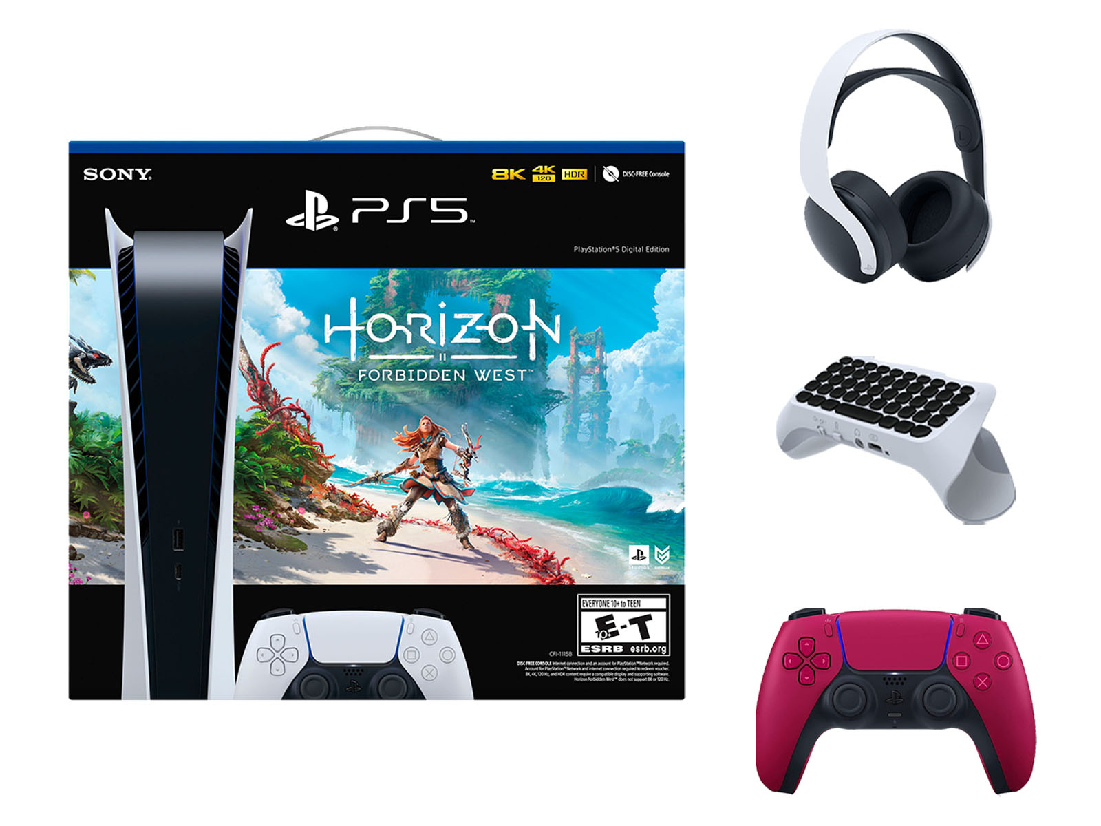 Sony Playstation 5 Digital Edition Horizon Forbidden West Bundle with Extra Red Controller, White PULSE 3D Wireless Headset and Surge QuickType 2.0 Wireless Keypad