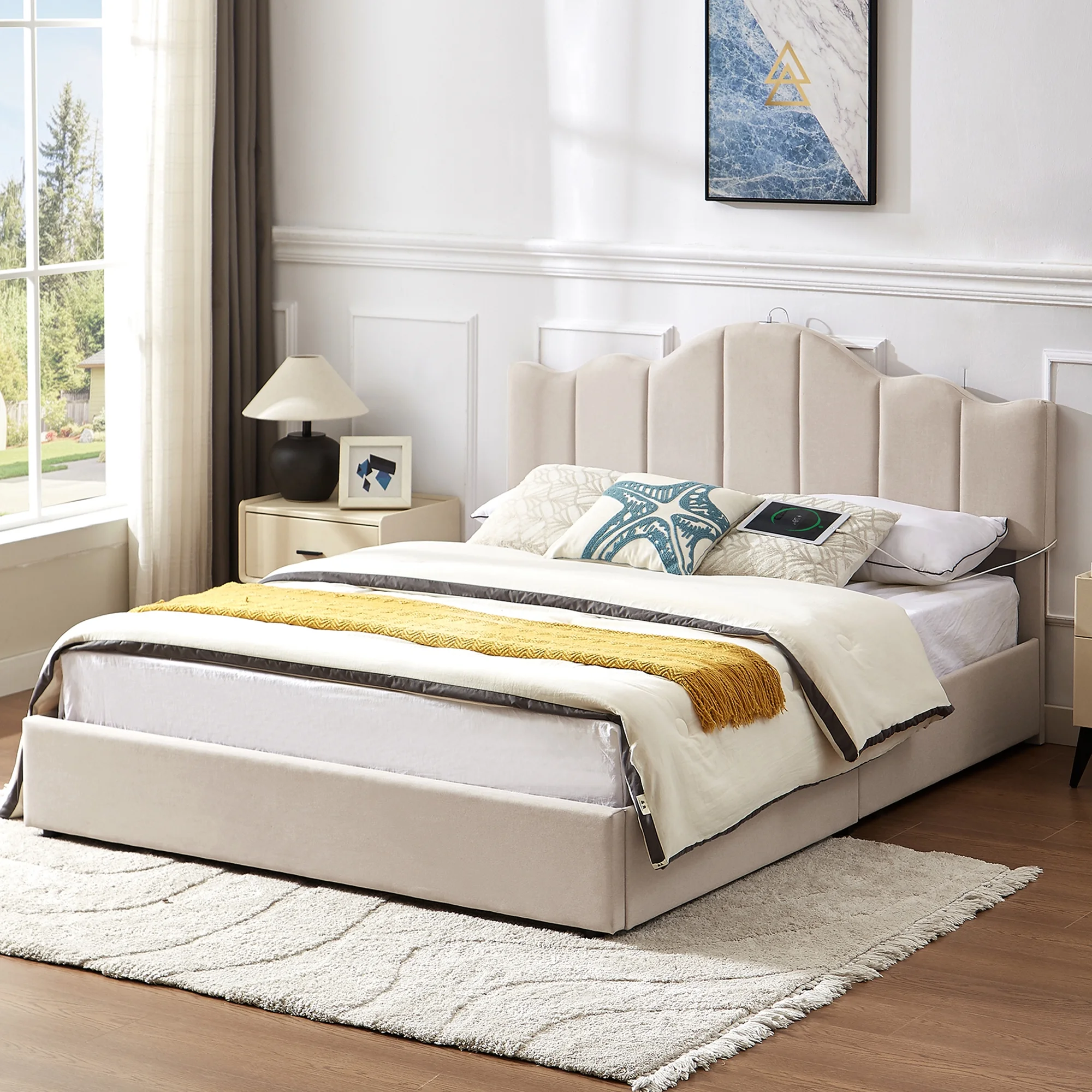 VECELO Queen Size Platform Bed Frame with Charging Station, Modern Adjustable Height Headboard Tufted Upholstered Full Bed Frame, No Box Spring Needed, Beige