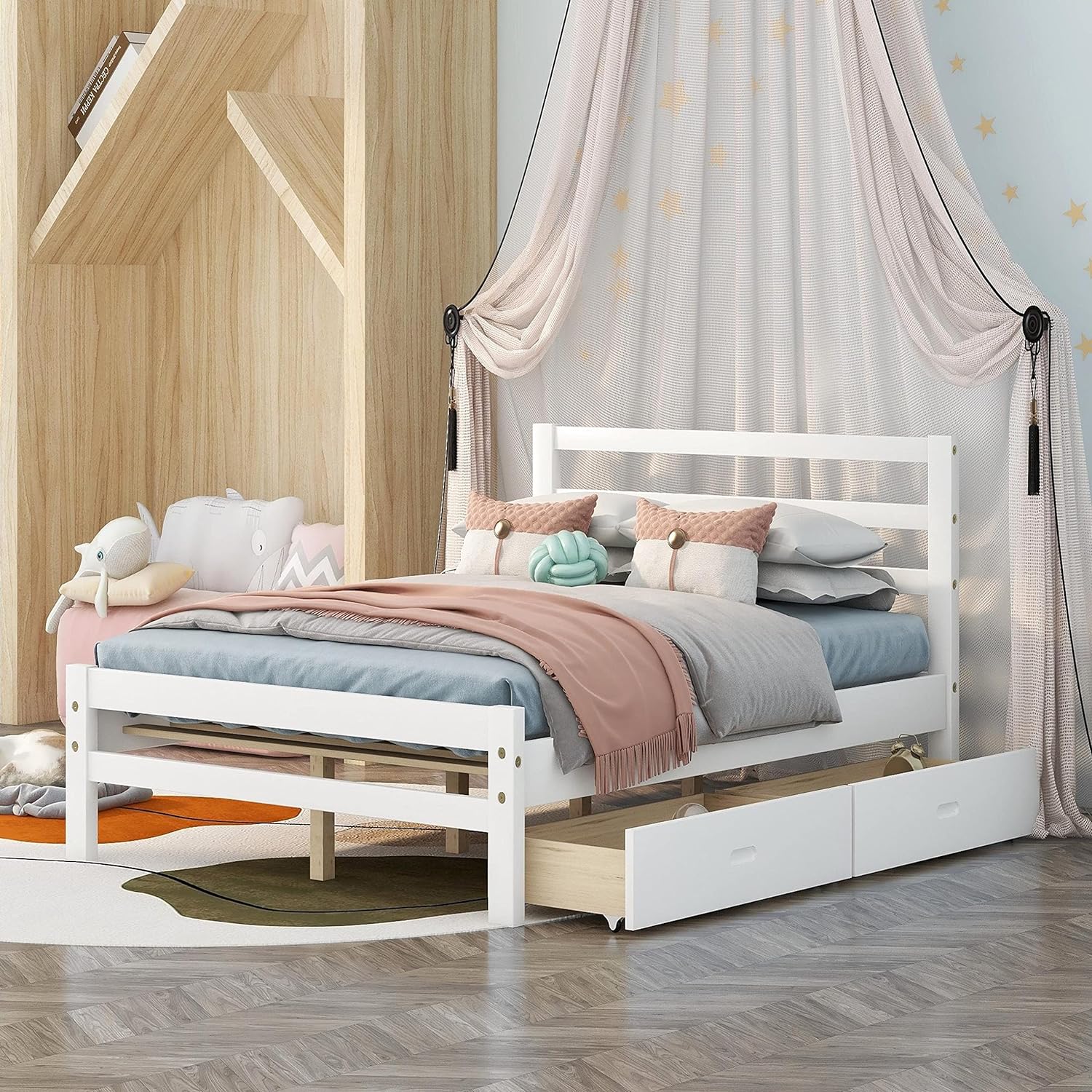 Full Bed Frame With Drawers, Kids Platform Full Bed With Storage, Solid Wood, No Box Spring Needed (White,Full)