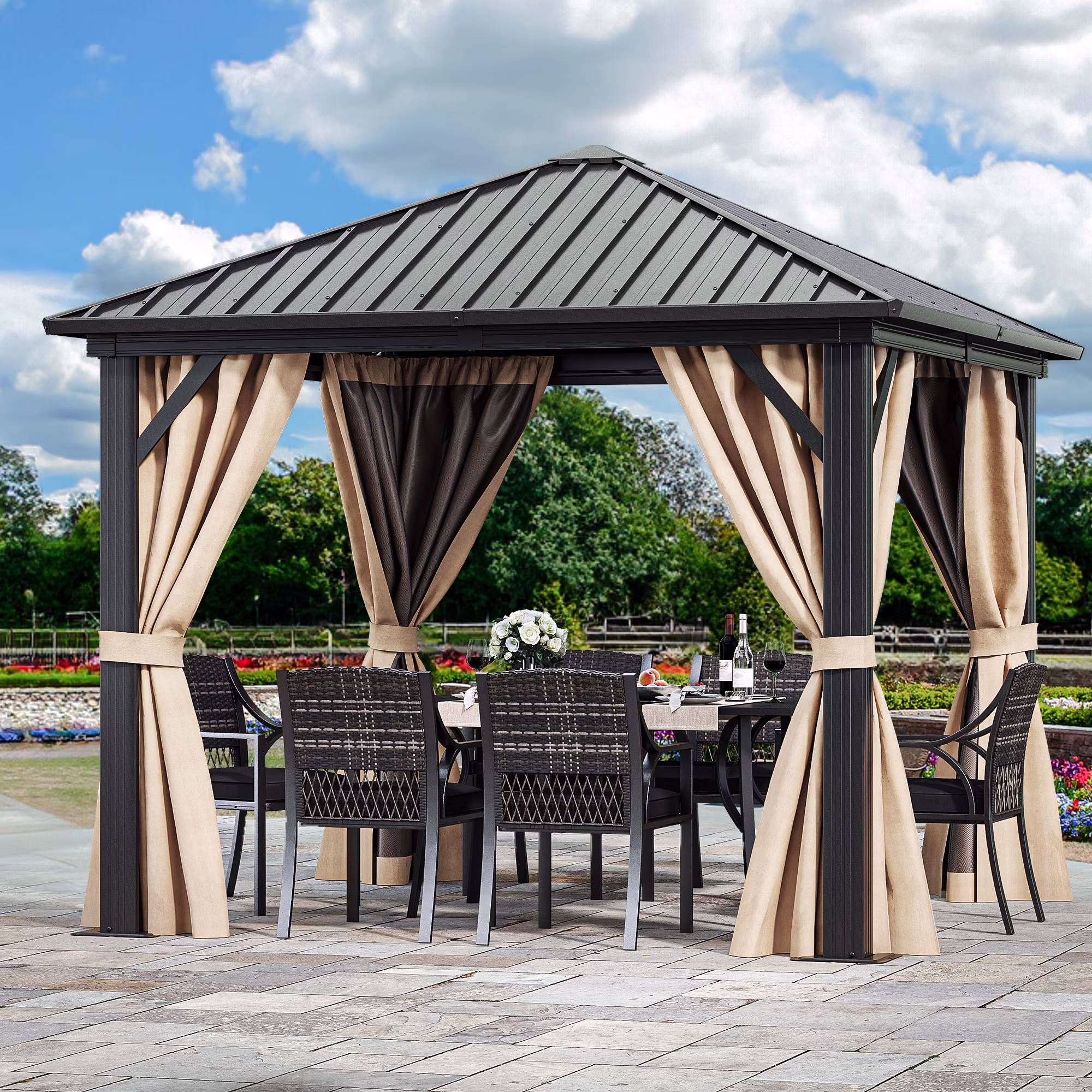 Dextrus 10x10ft Hardtop Gazebo with Netting& Curtains, Galvanized Steel, Easy Setup Outdoor Pop Up Canopy Tent for Patio, Backyard, Deck, and Lawns - Brown