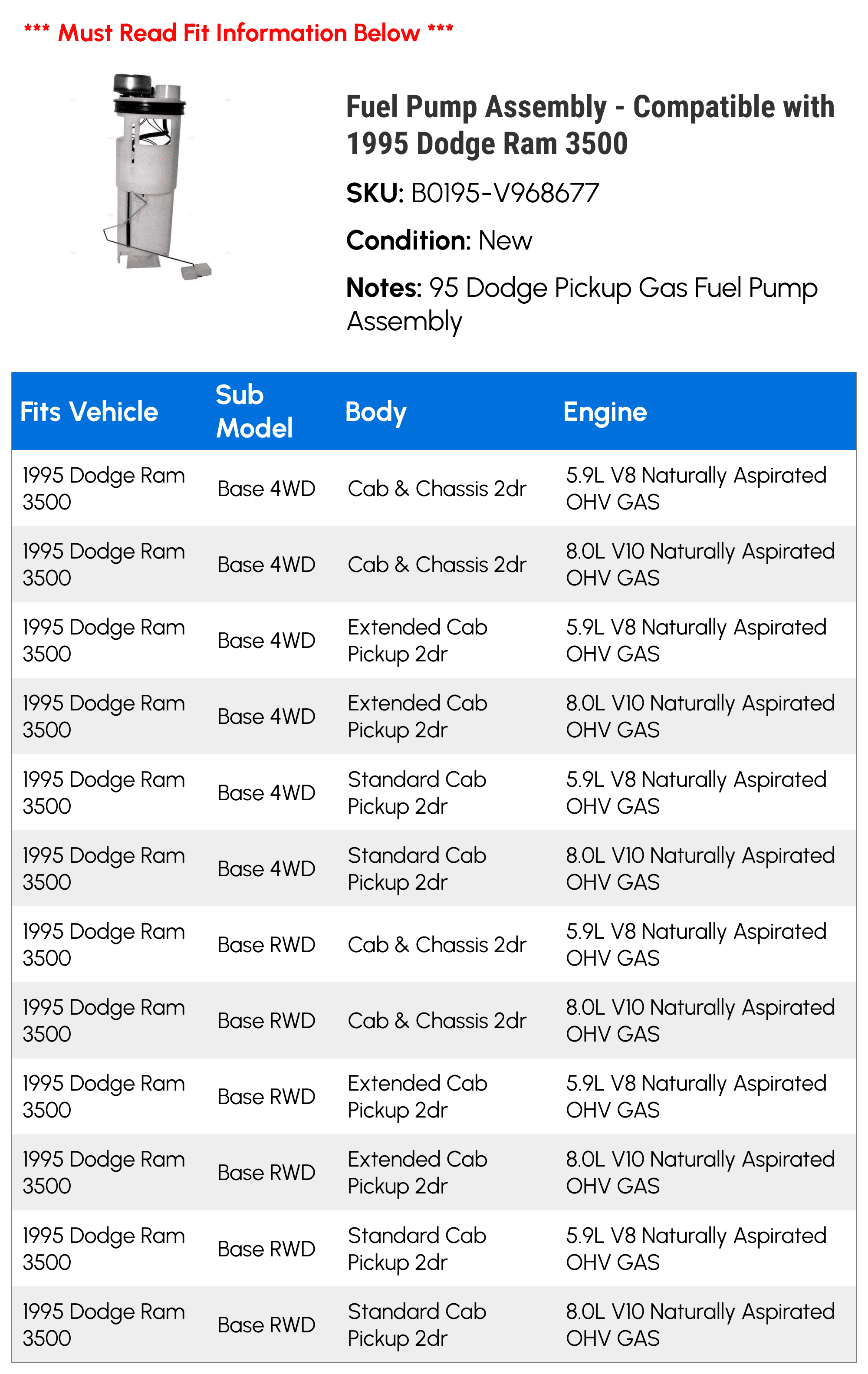 Fuel Pump Assembly - Compatible with 1995 Dodge Ram 3500