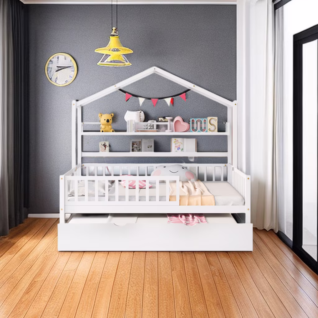 Wooden Full Size House Bed with Twin Size Trundle, House Bed with Storage Shelf Headboard for Kids, Kids Bed with Shelf
