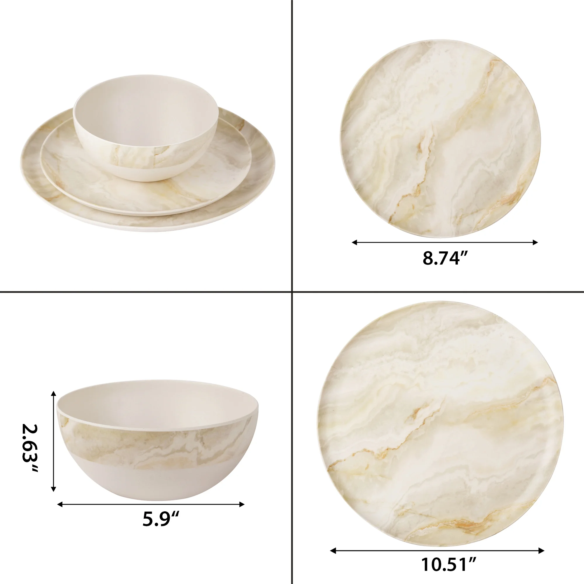 LEEJAY 12 Pcs Bamboo Melamine Dinnerware Sets ,Yellow 4 Pack