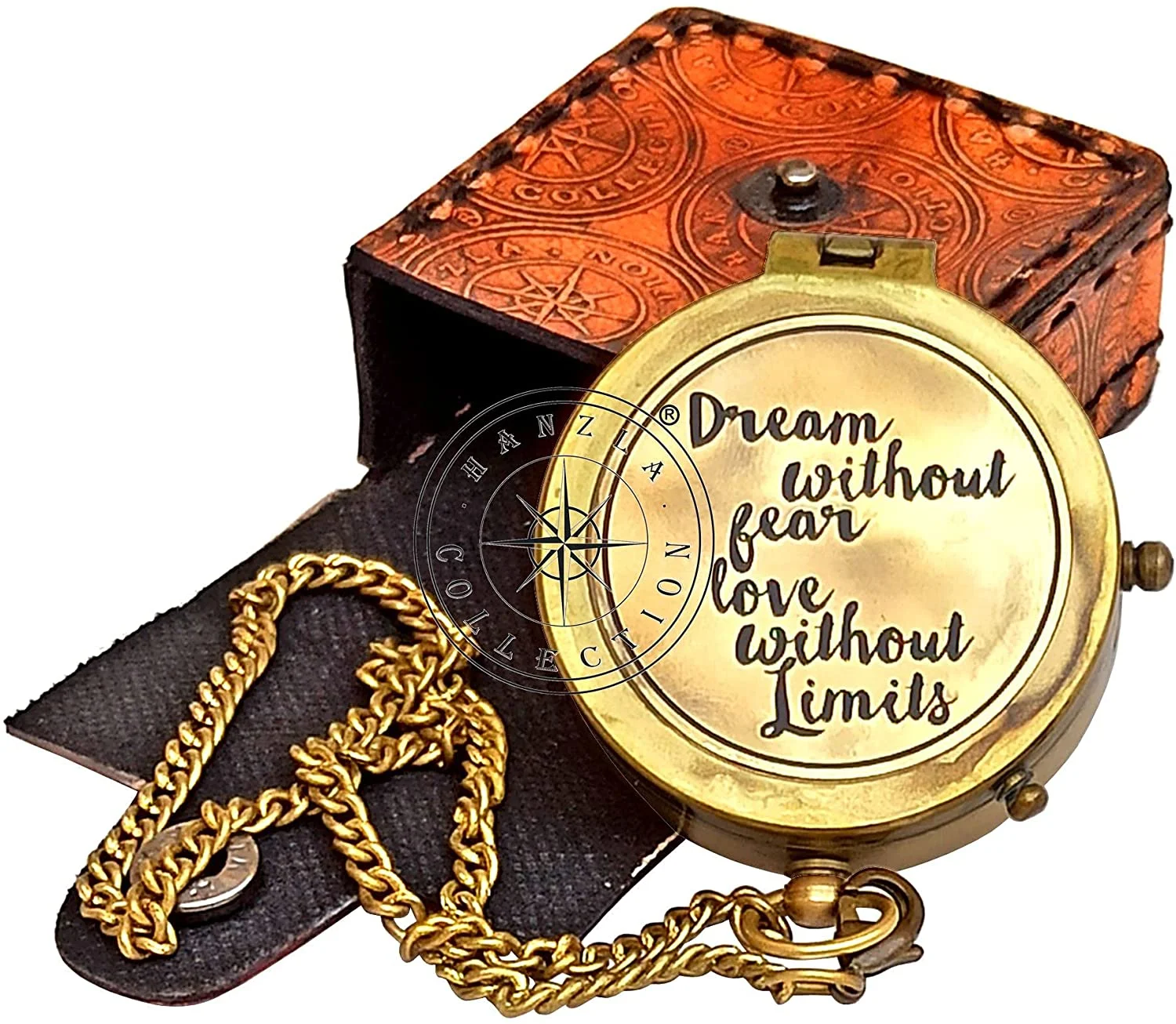 Dream Withour Fear Love Without Limits Engraved Brass Compass Camping Compass Pocket Gift for Lovers with Leather Case
