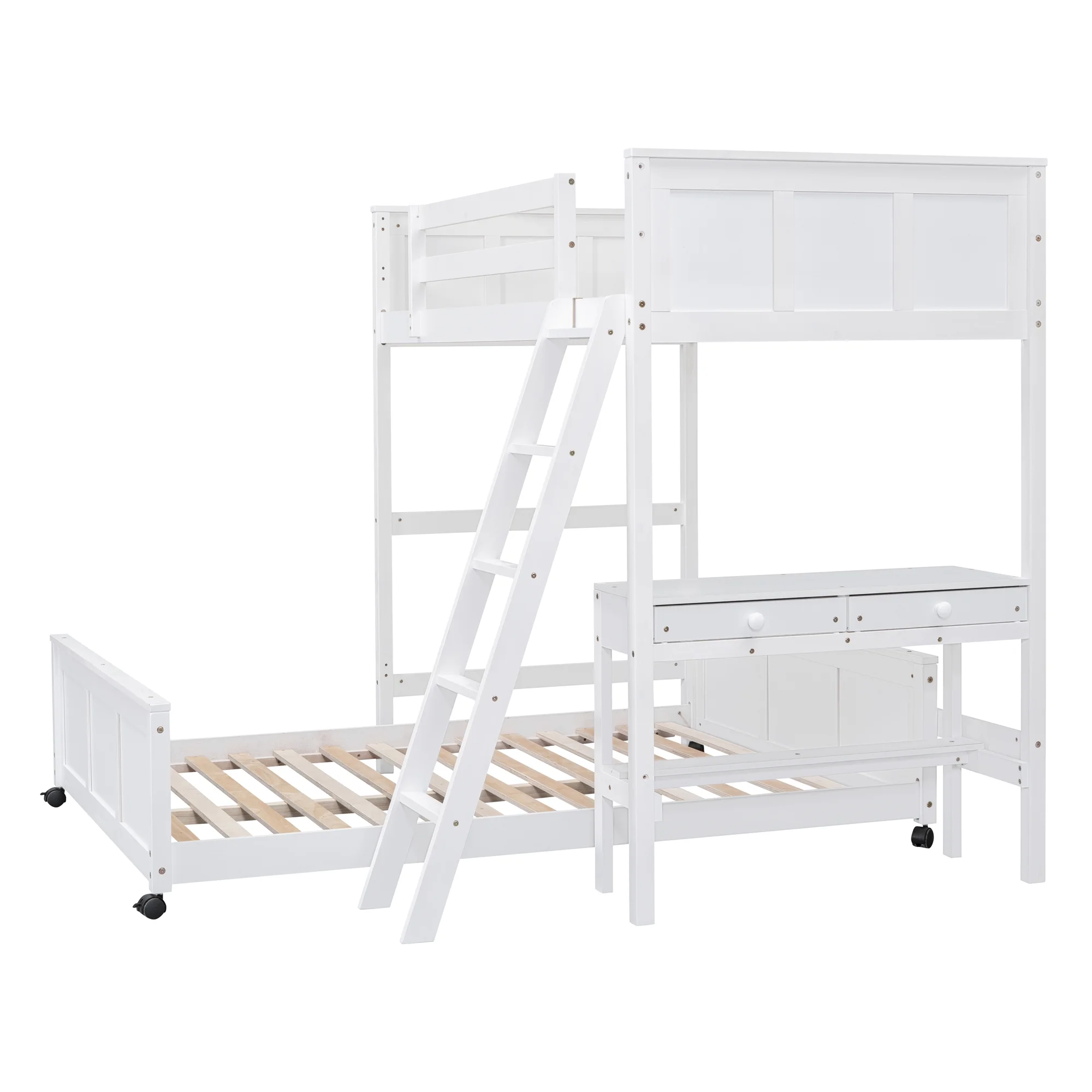 Nestfair White Twin Over Full Wood Bunk Bed with Desk and Drawers