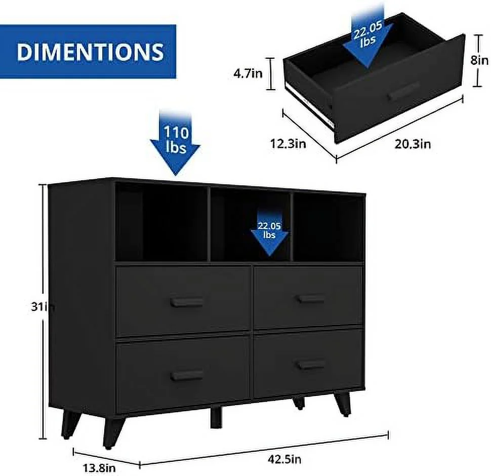 RUNFAYBIU 4 Drawer Dresser for Bedroom  4 Drawers Chest with Open Shelves  Mid-Century Modern Dressers  Chest of Drawers with   TV Stand Dresser for Bedroom  Black