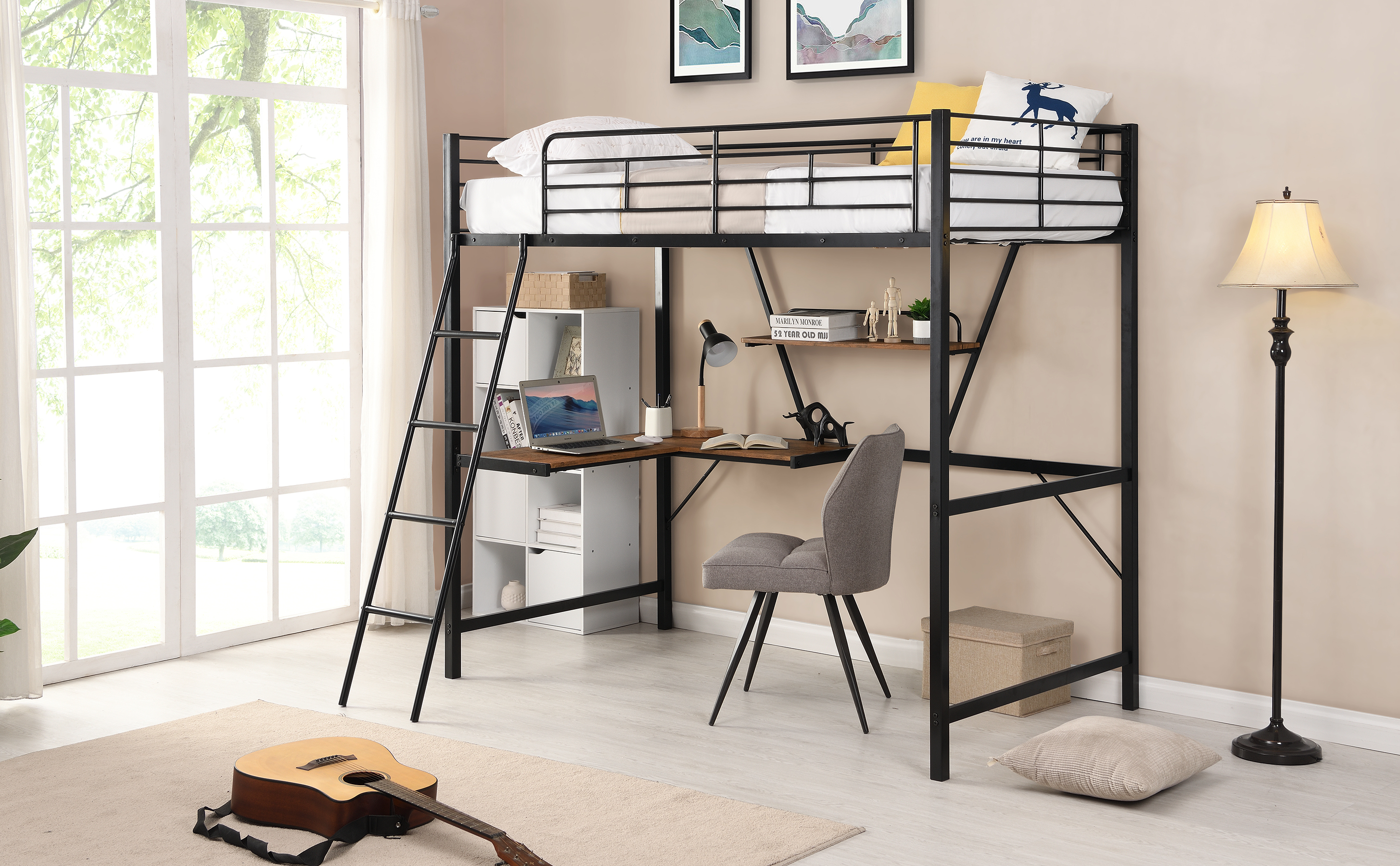MMTX Metal Loft Twin Bed with L-shaped Desk and Shelf - Black