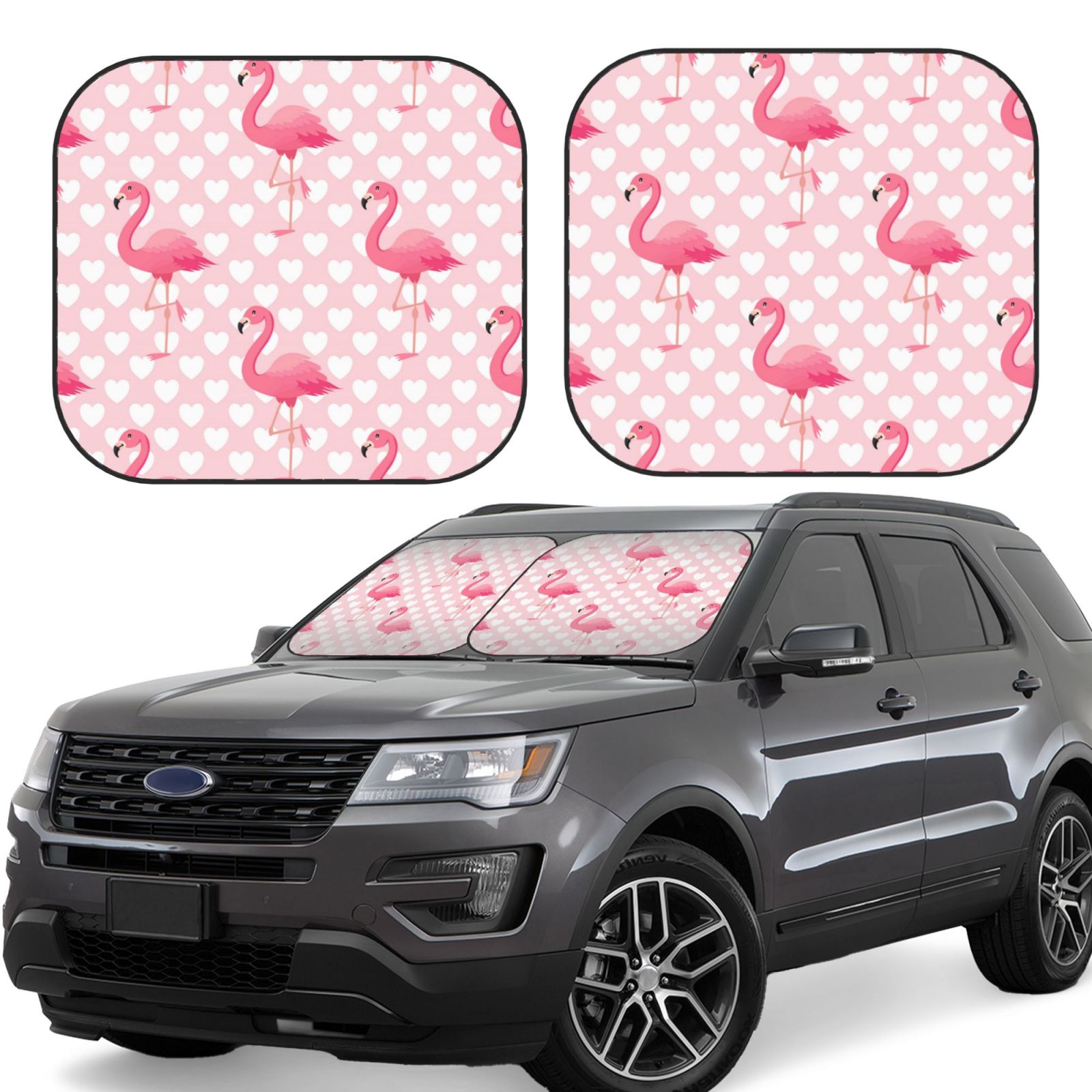Lukts Cute Flamingo With Heart Print 2 Piece Car Sun Shade Windshield,Foldable Car Shade Front Windshield With Keeps Your Vehicle Cool, For Most Sedans Suv And Trucks - Small