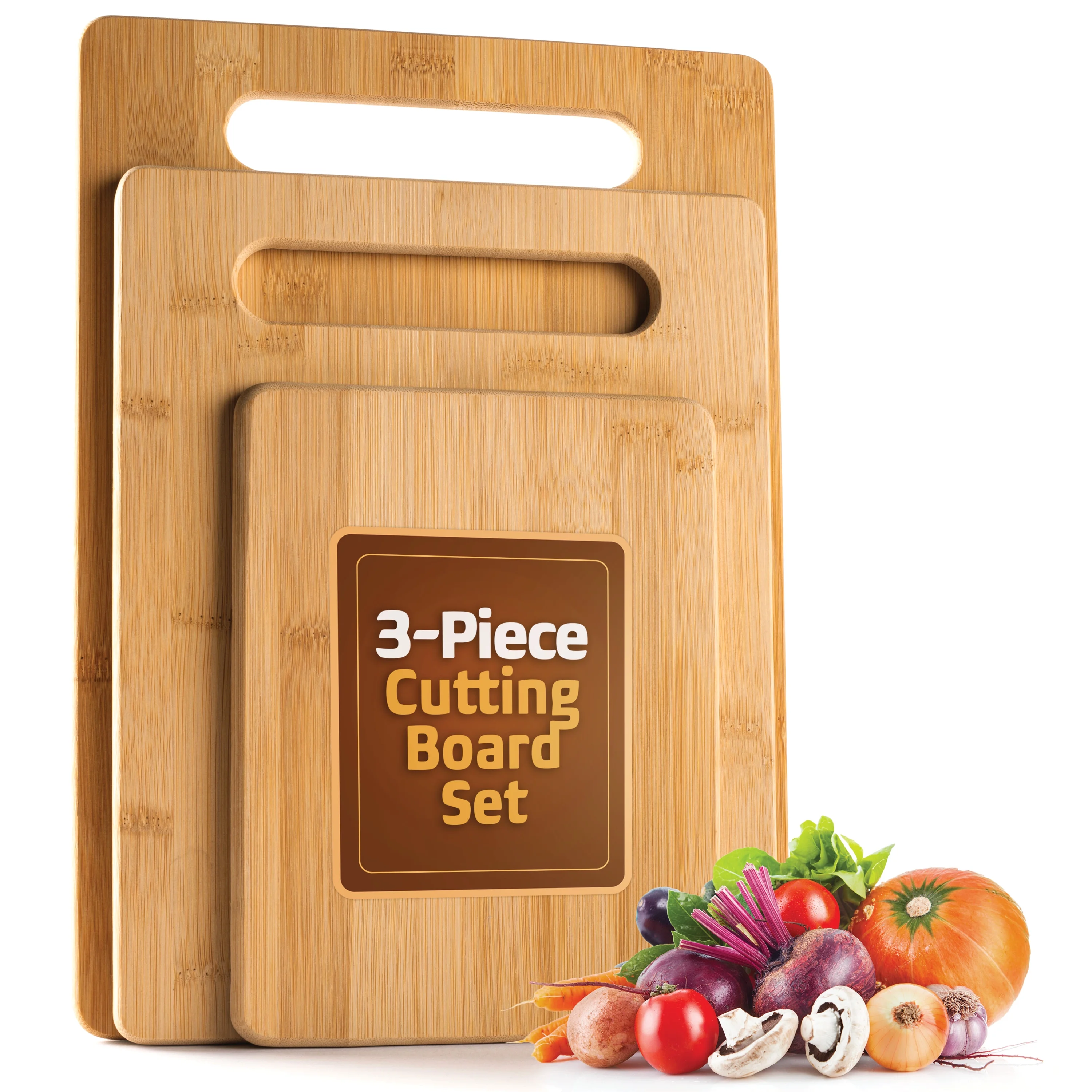 Bambusi 3 Piece Bamboo Cutting Board Set, Wooden Chopping & Serving Tray For Food Prep, Meat, Vegetables, Cheese, Crackers & More