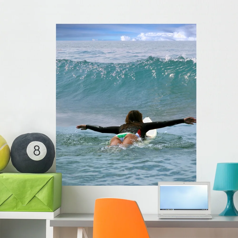 Young Girl Surfing Malibu Wall Mural by Wallmonkeys Peel and Stick Graphic (36 in H x 31 in W) WM87977